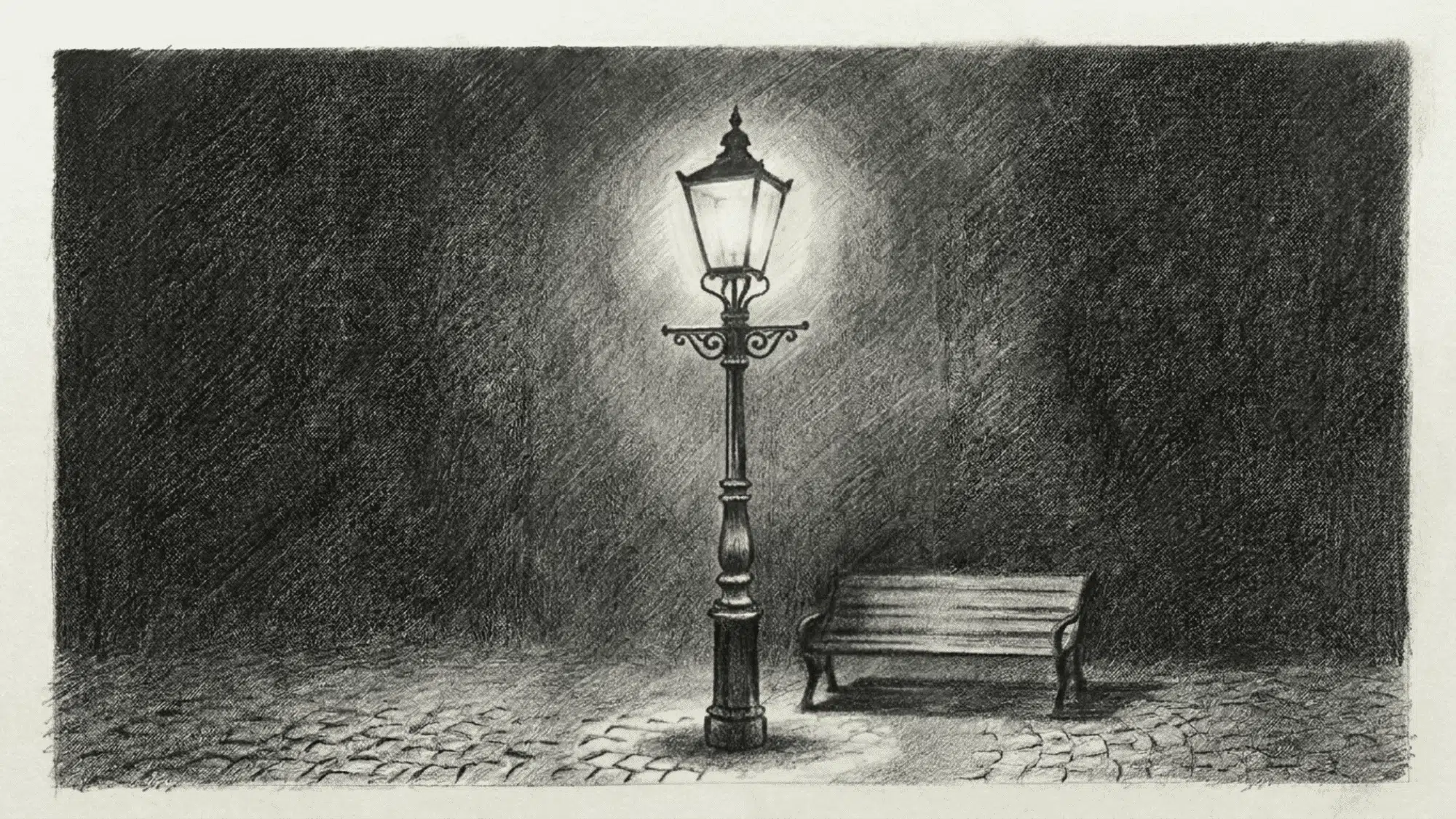 dramatic-pencil-drawing-of-glowing-vintage-street-lamp-beside-empty-bench-at-night