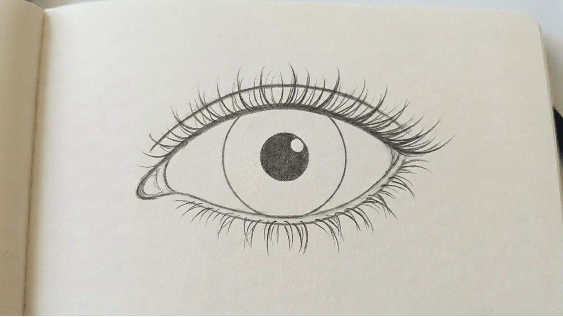 Eye sketch showing the iris, pupil, and eyelashes before detailed shading is applied.