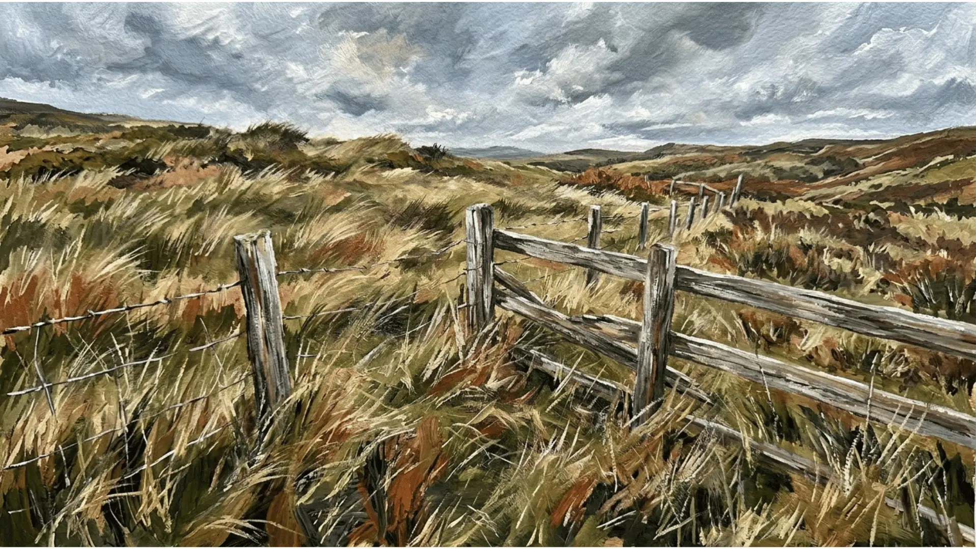 dry brush acrylic painting showing textured grass and weathered wood effects