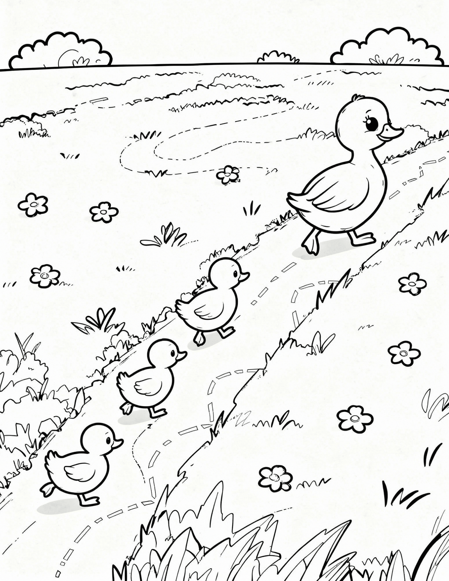 baby duck are walking with mother duck in the field