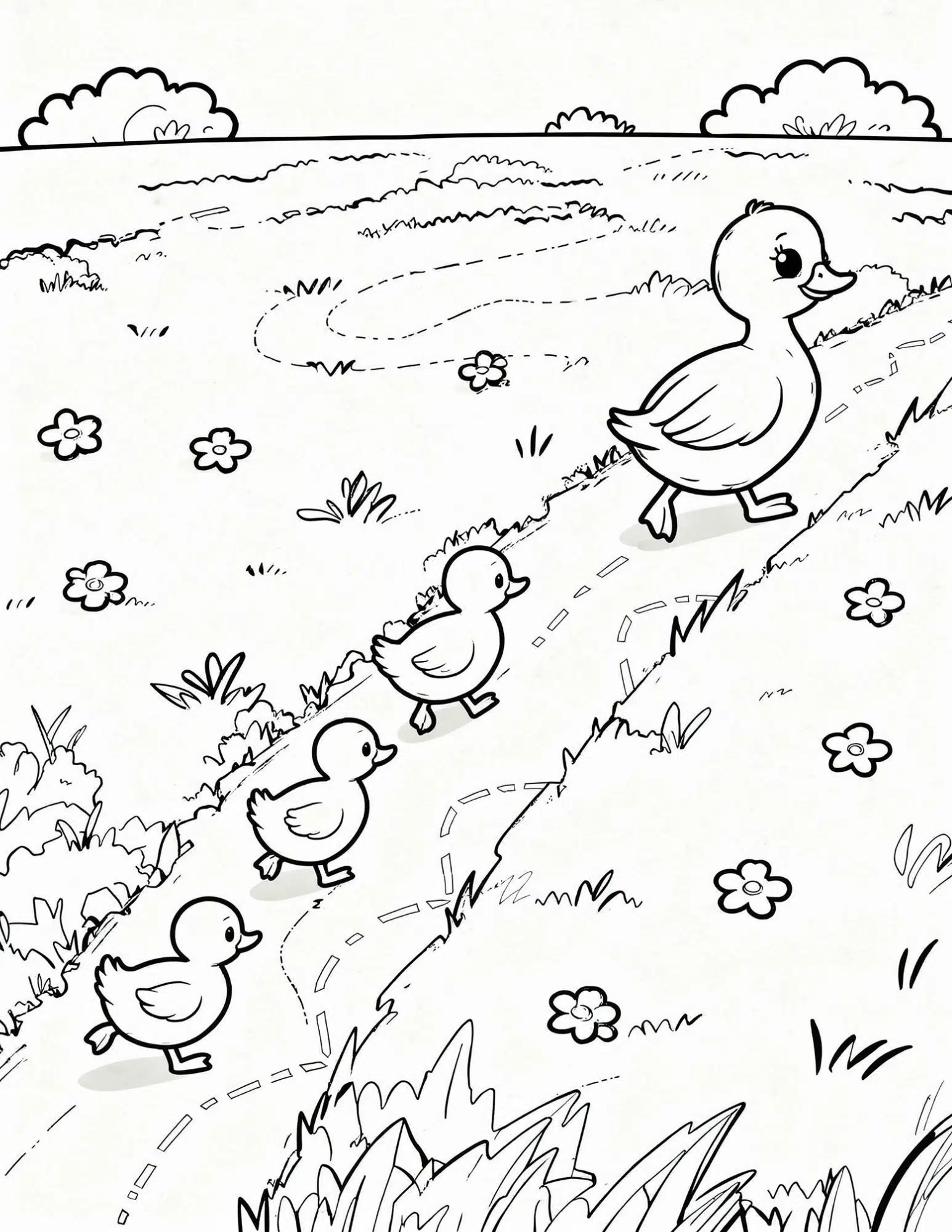 baby duck are walking with mother duck in the field