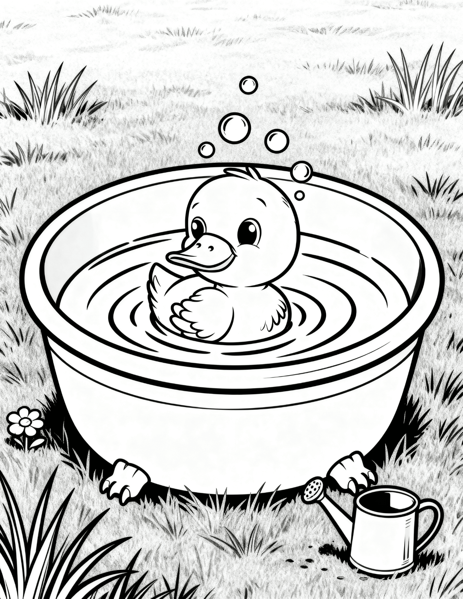 duck sitting in bathtub outdoors with bubbles grass and flowers coloring page outline