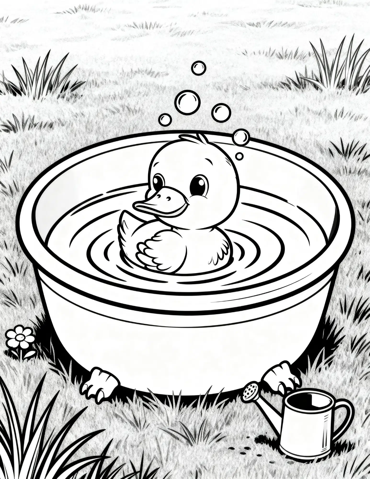 duck sitting in bathtub outdoors with bubbles grass and flowers coloring page outline