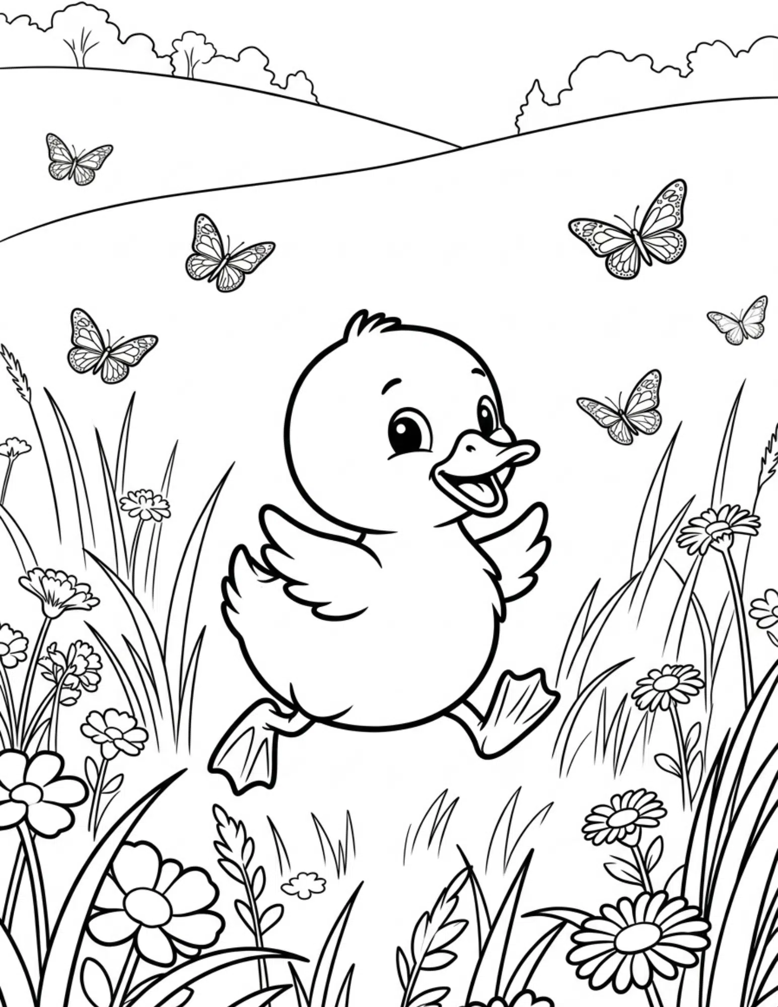 duck in meadow with butterflies flowers and grass simple kids coloring page outline