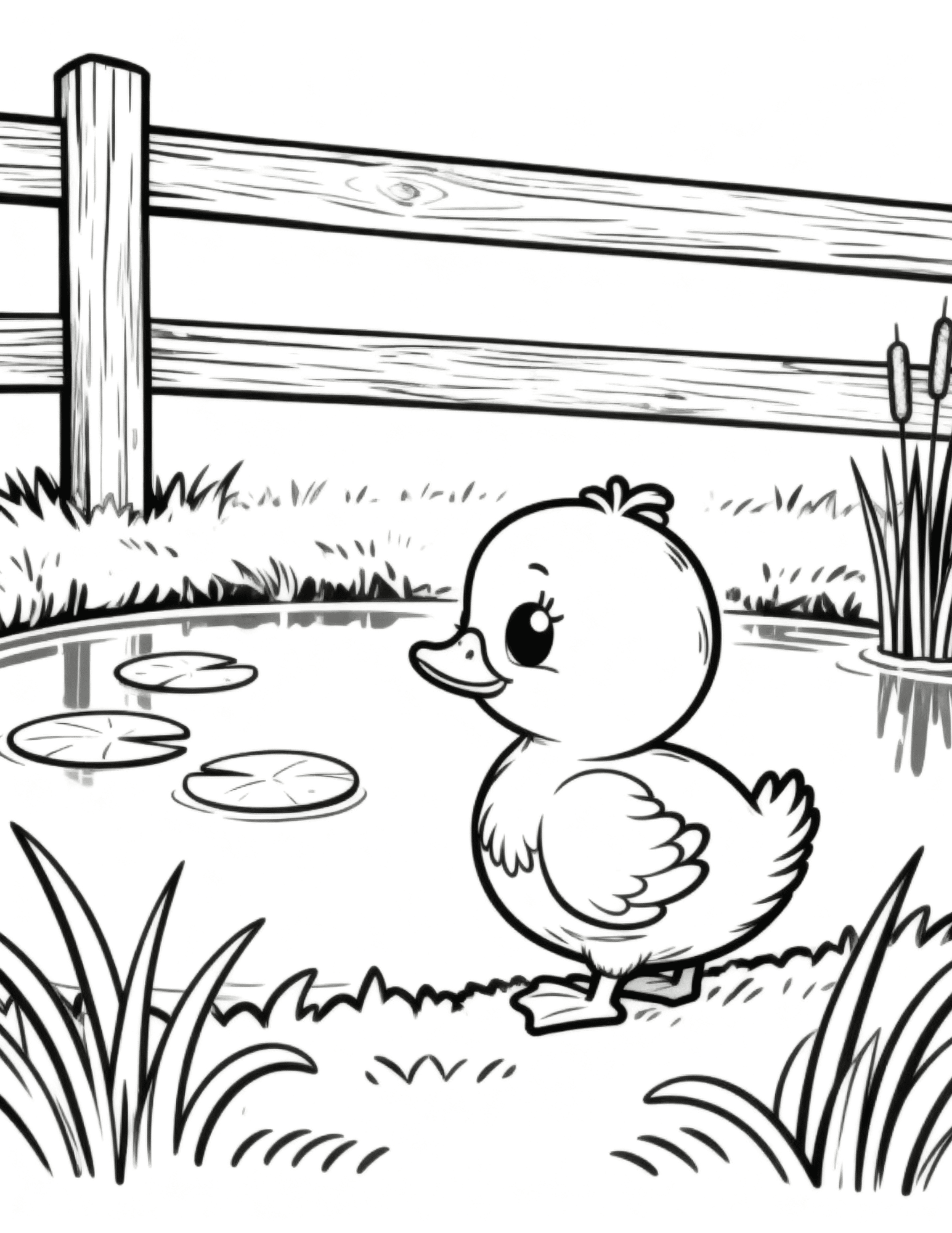 duck walking on farm path with fence and flowers simple black outline coloring page