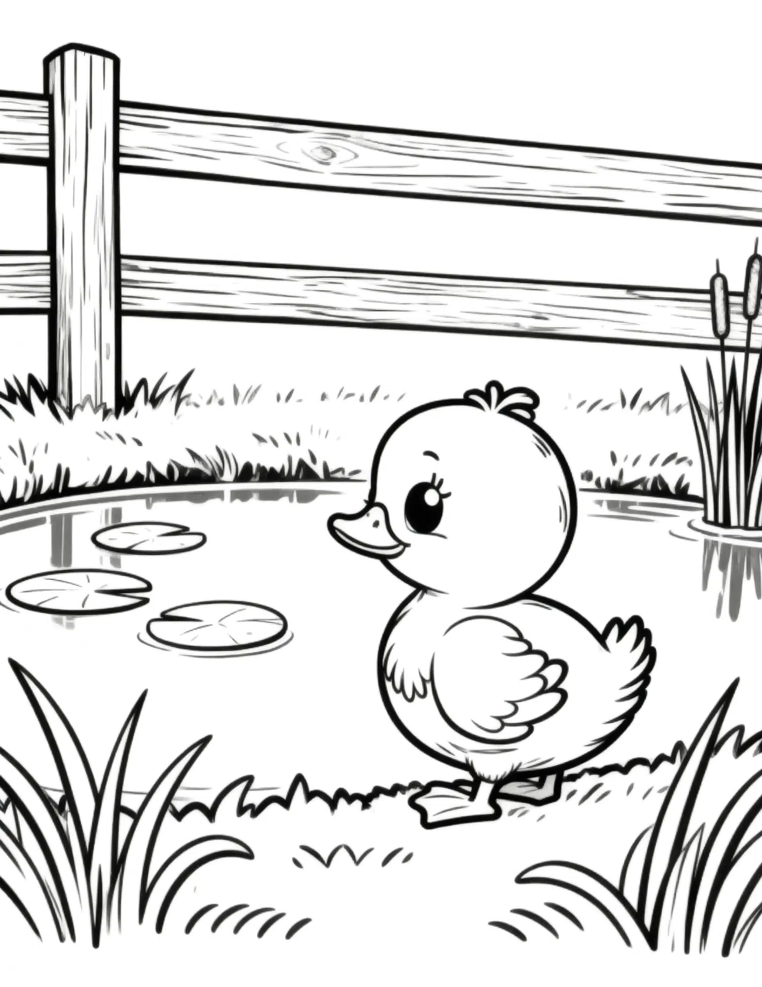 duck walking on farm path with fence and flowers simple black outline coloring page