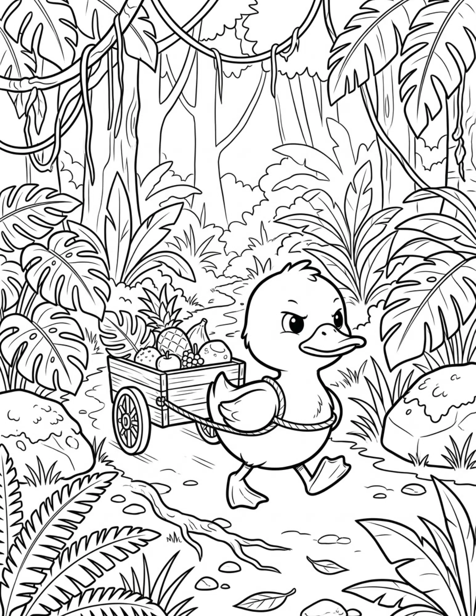 duck pulling wooden wagon through jungle path with determined expression coloring page outline