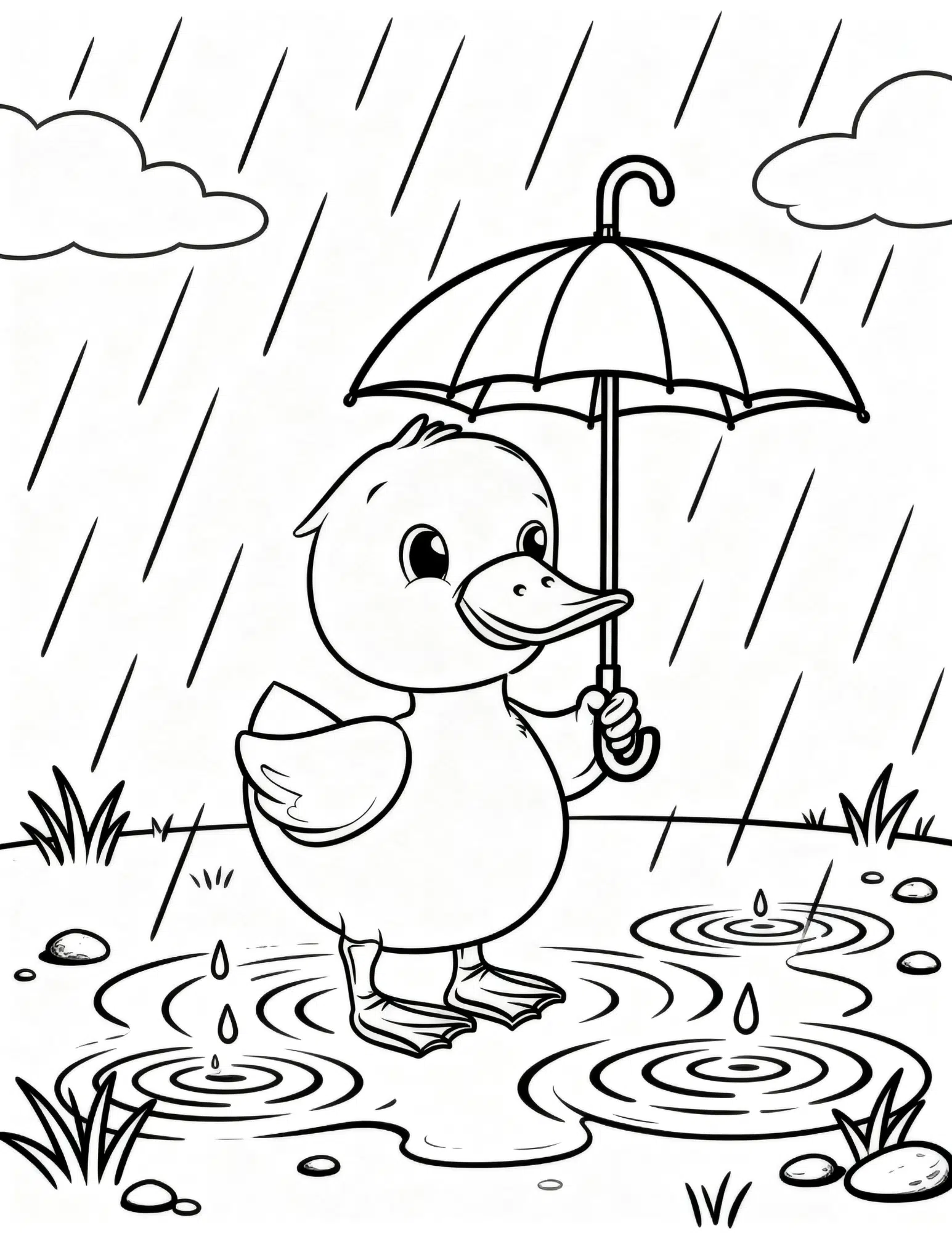 duck standing in rain holding umbrella with puddles raindrops and clouds coloring page outline style