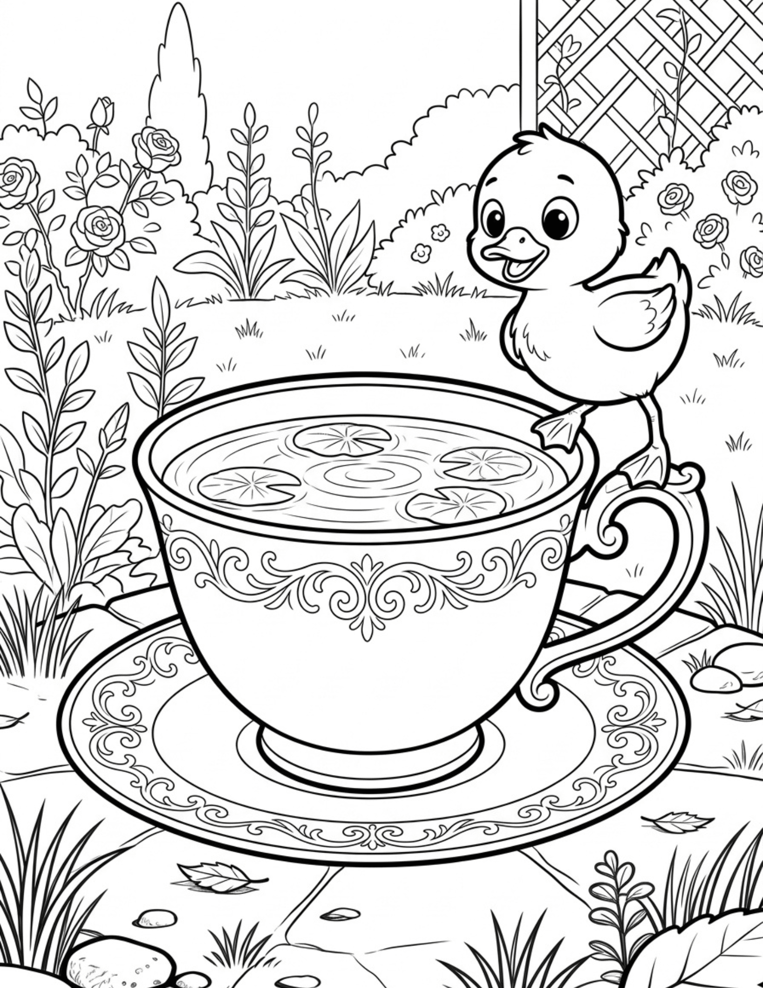 duck balancing on giant teacup handle with playful expression and water ripples coloring page outline