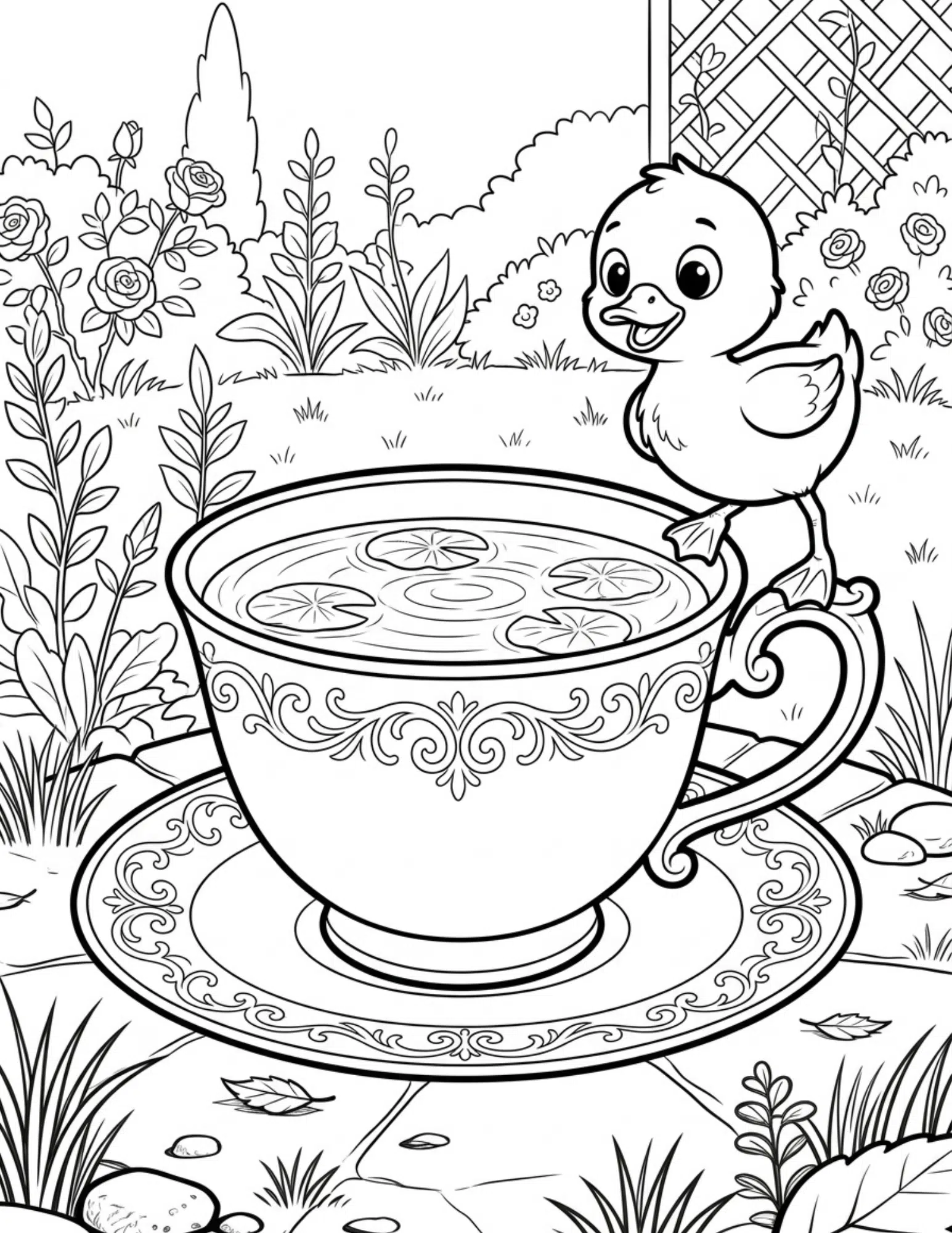 duck balancing on giant teacup handle with playful expression and water ripples coloring page outline