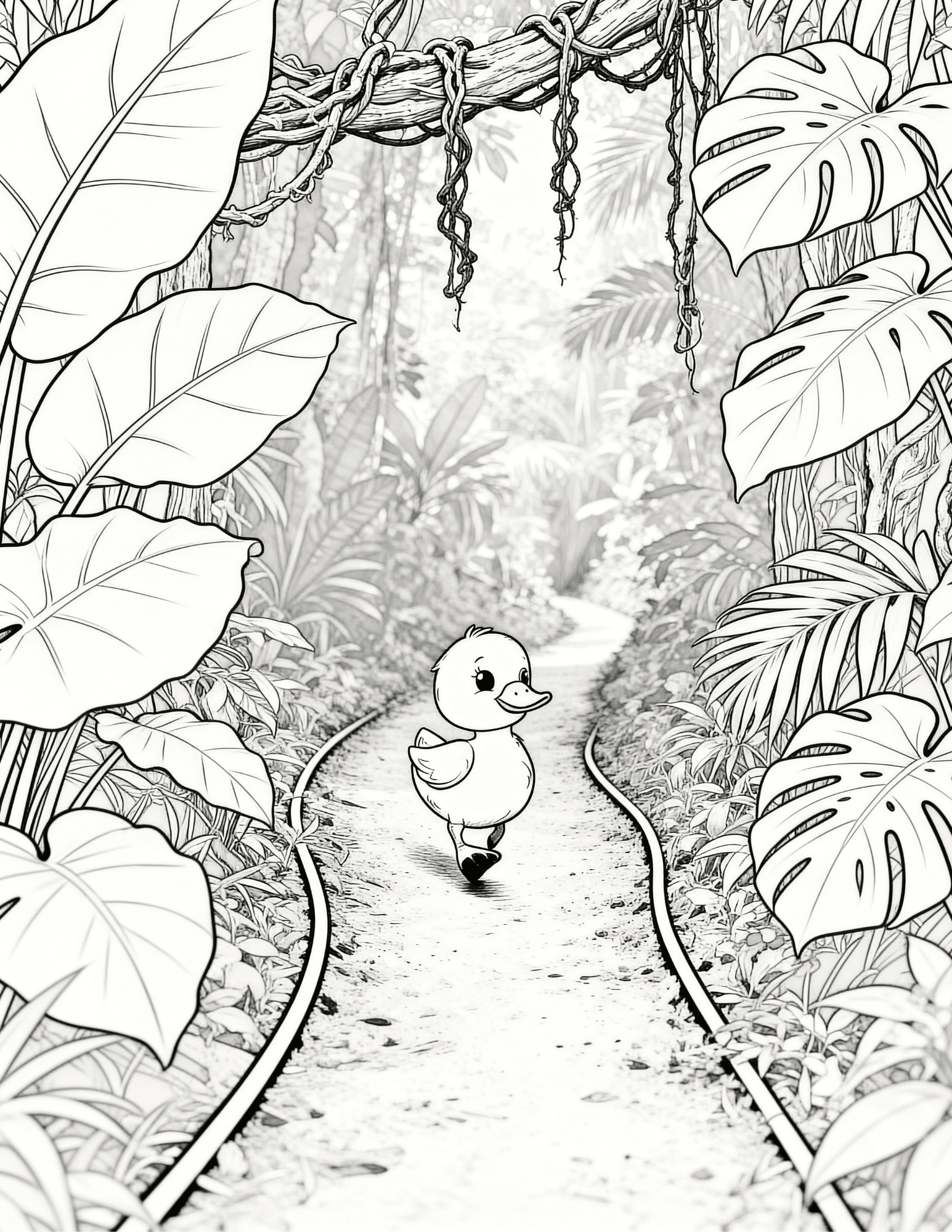 duck walking jungle path with big leaves vines and plants coloring page outline
