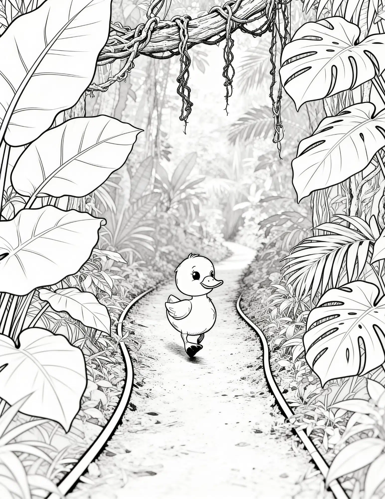 duck walking jungle path with big leaves vines and plants coloring page outline