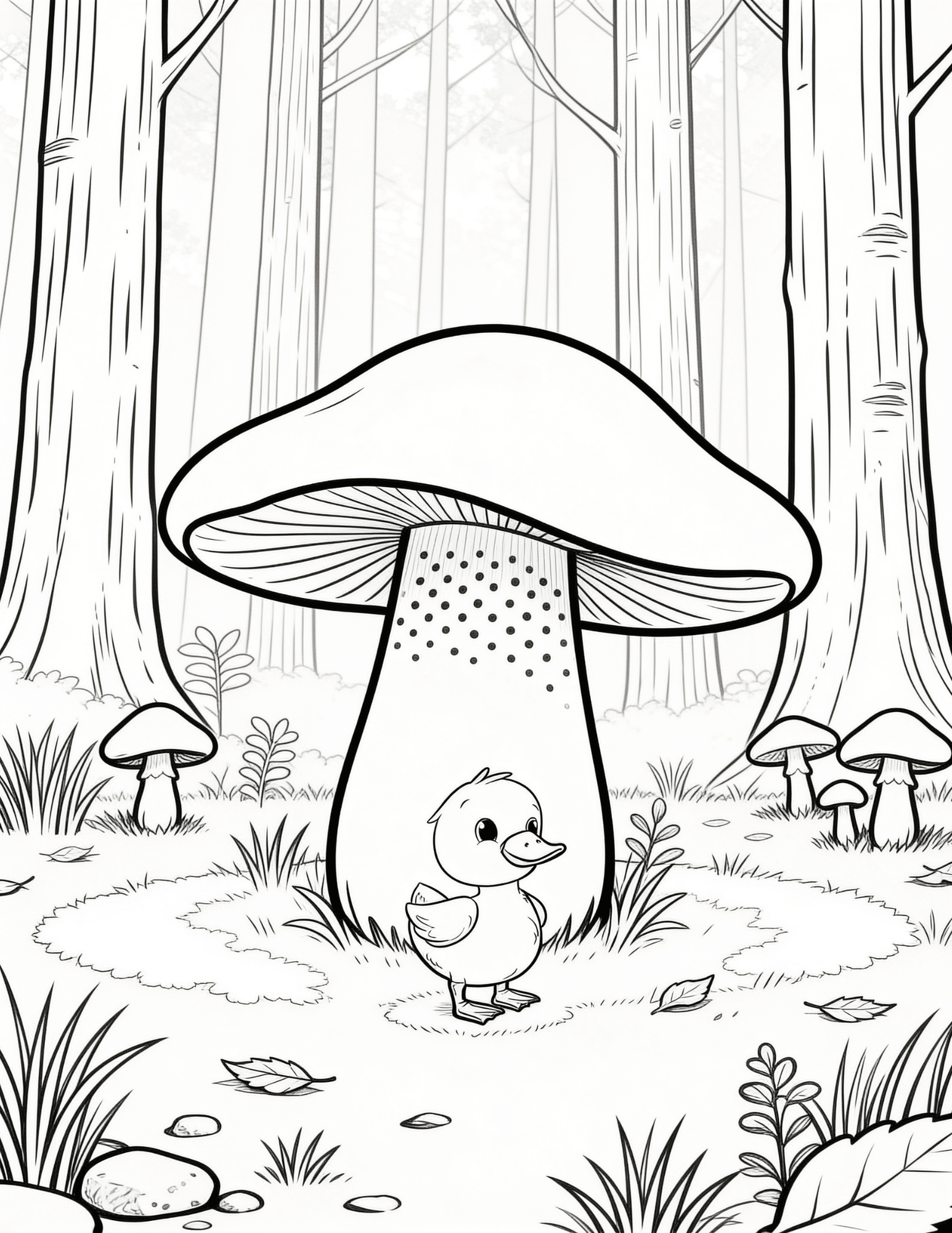 duck under large mushroom in forest with plants and trees coloring page outline