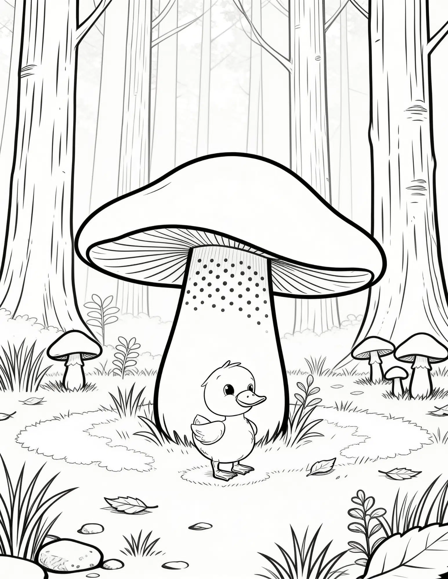 duck under large mushroom in forest with plants and trees coloring page outline