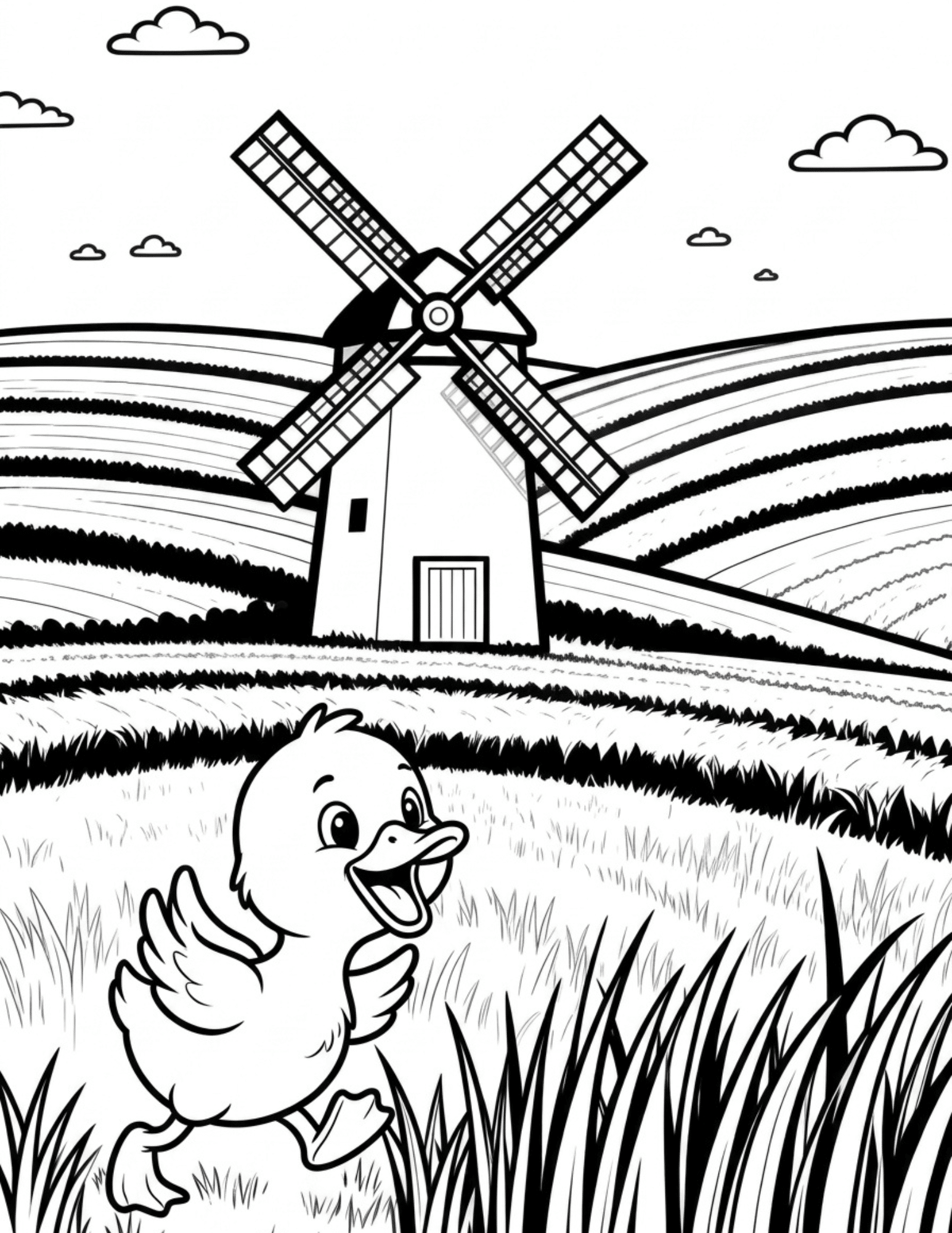 duck in farm field with windmill sky and grass coloring page outline illustration