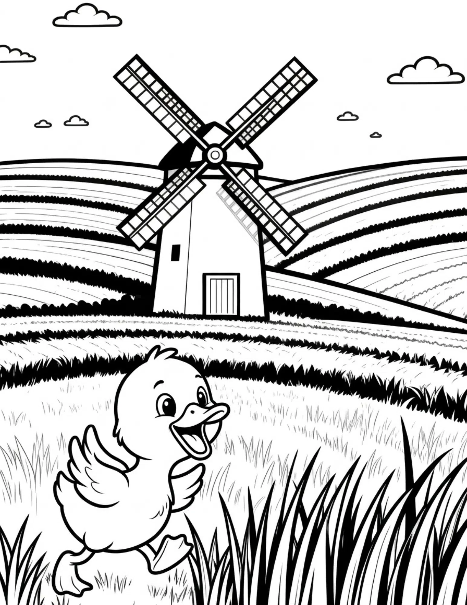 duck in farm field with windmill sky and grass coloring page outline illustration