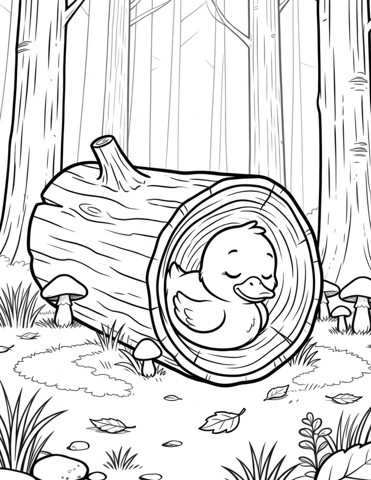 sleeping duck curled inside hollow tree log in forest with calm expression coloring page outline