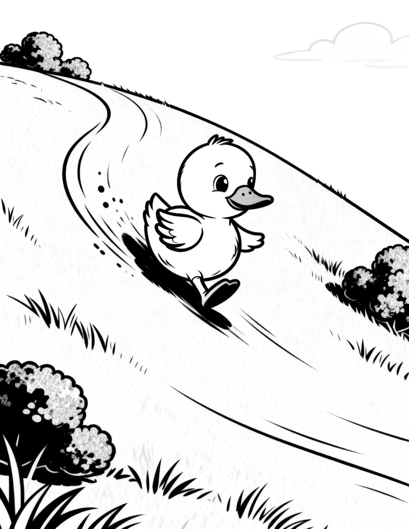 duck sliding down grassy hill with bushes and motion lines coloring page outline