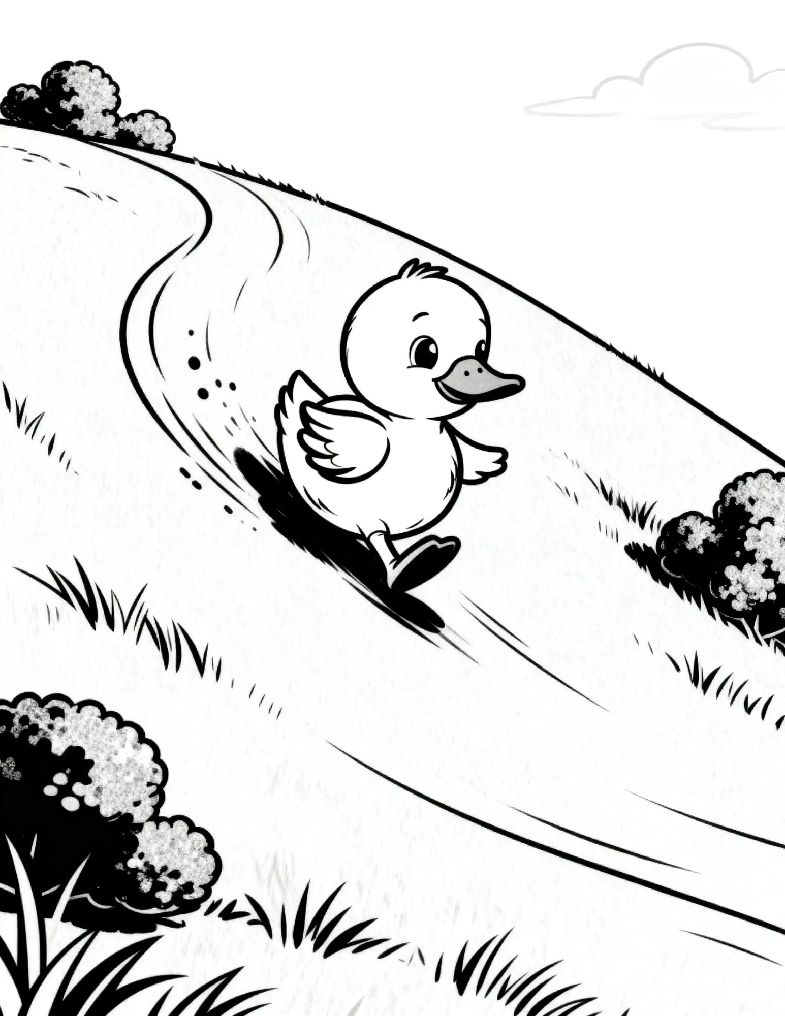 duck sliding down grassy hill with bushes and motion lines coloring page outline