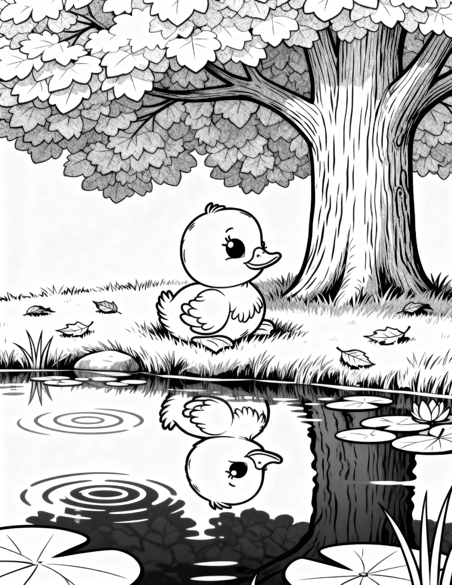 duck resting under tree near pond with falling leaves coloring page outline