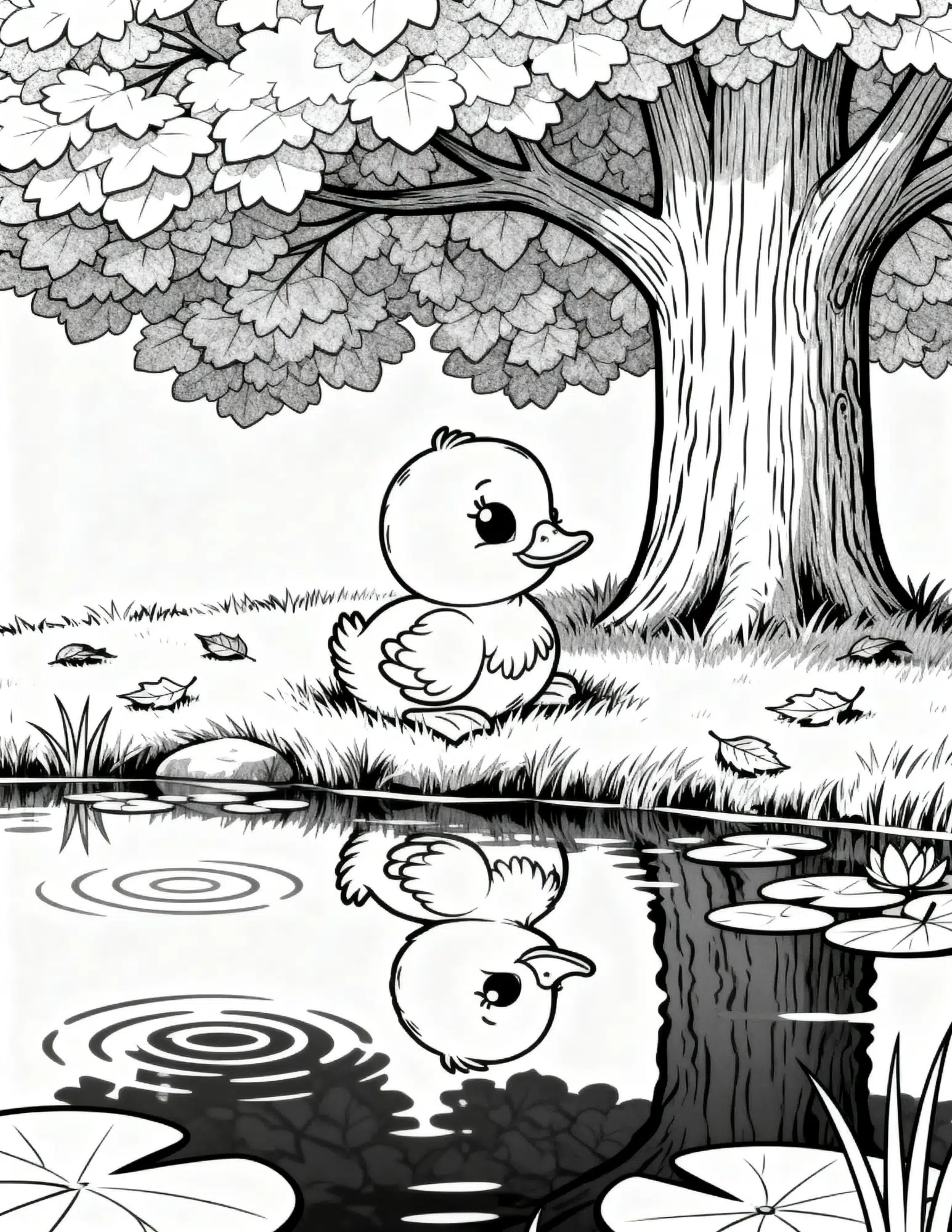 duck resting under tree near pond with falling leaves coloring page outline