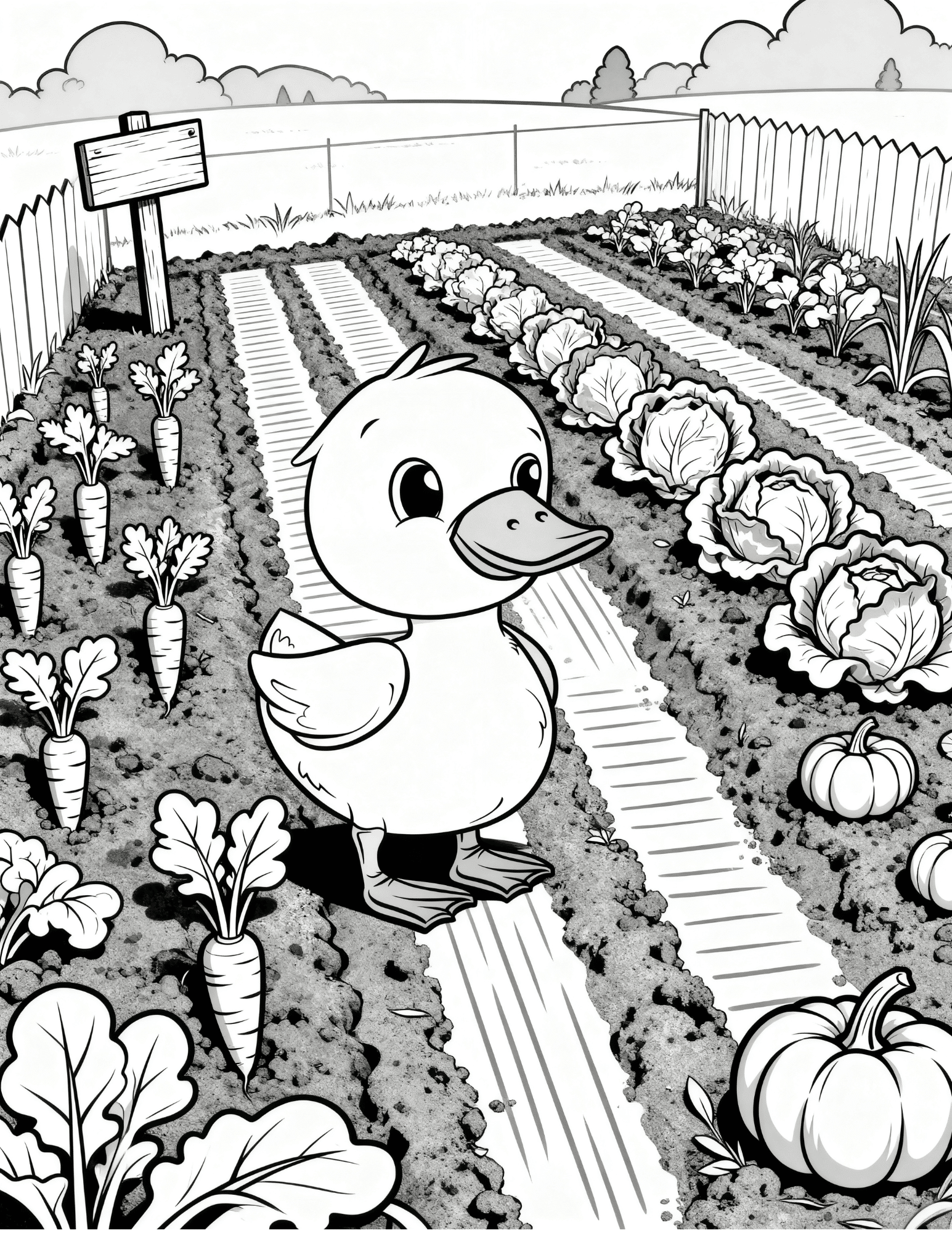 duck standing in vegetable garden path with carrots pumpkins and cabbage rows coloring page outline style