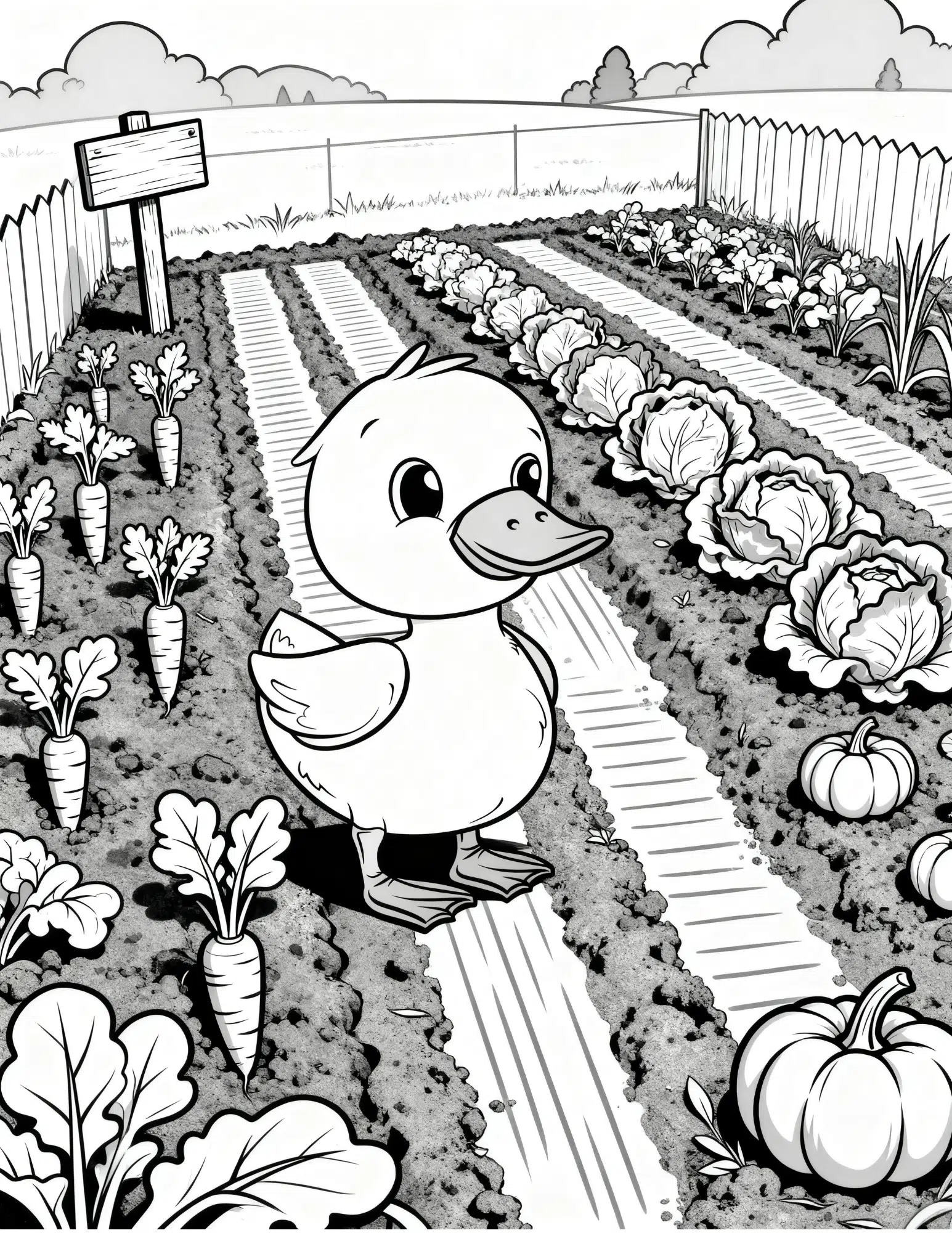 duck standing in vegetable garden path with carrots pumpkins and cabbage rows coloring page outline style
