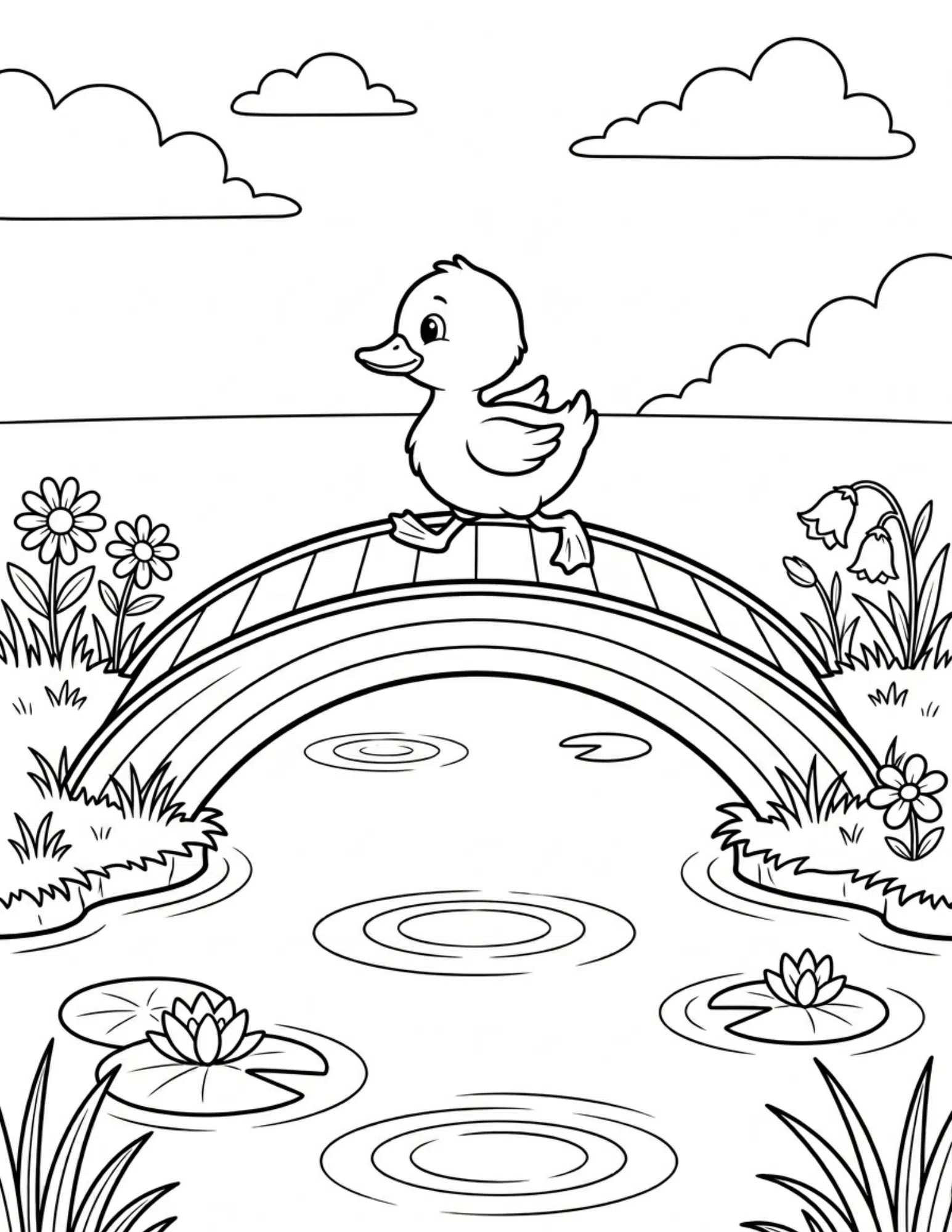 duck walking on rainbow bridge over pond with lily pads clouds and ripples coloring page outline style