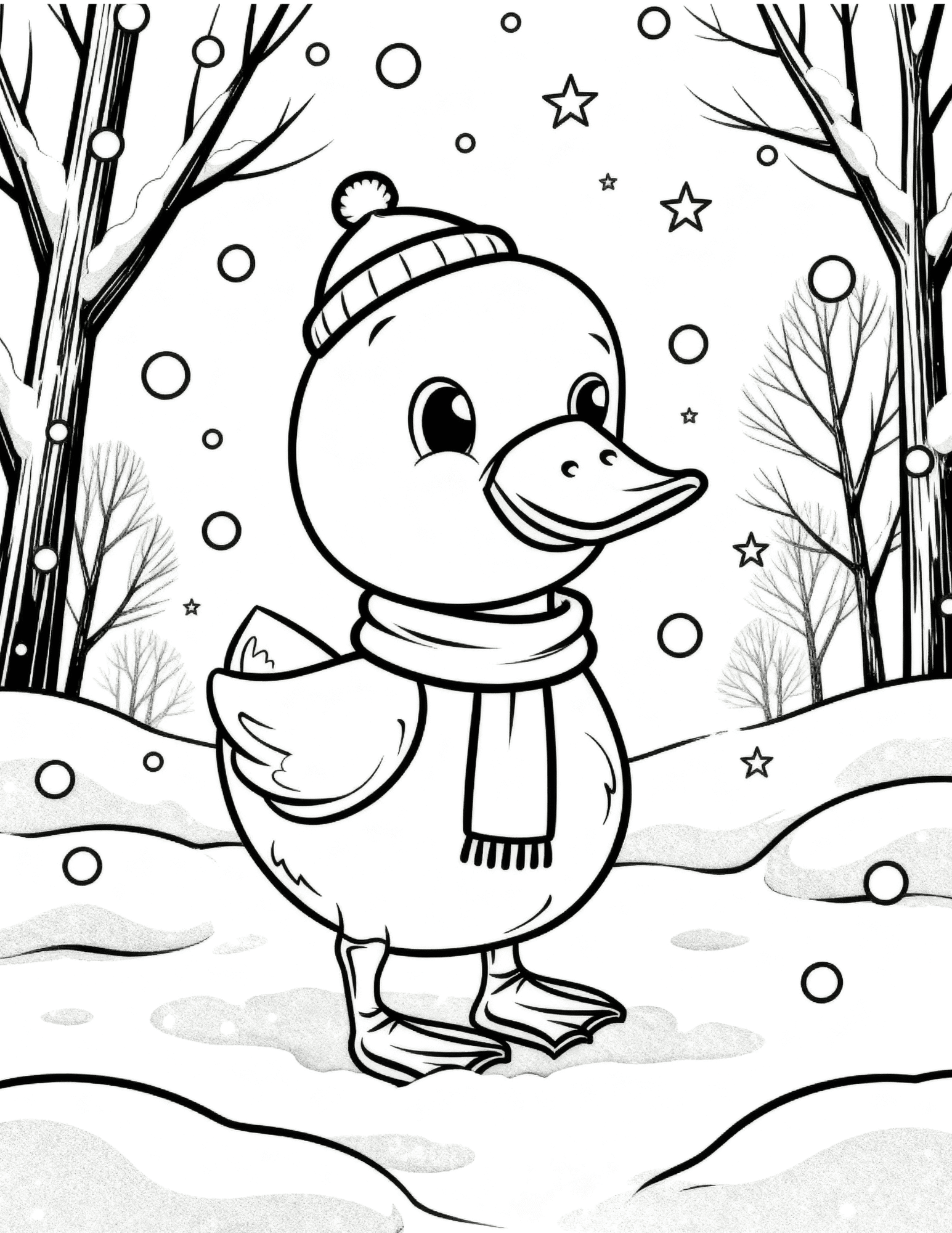duck in snow wearing scarf with trees and snowflakes coloring page outline