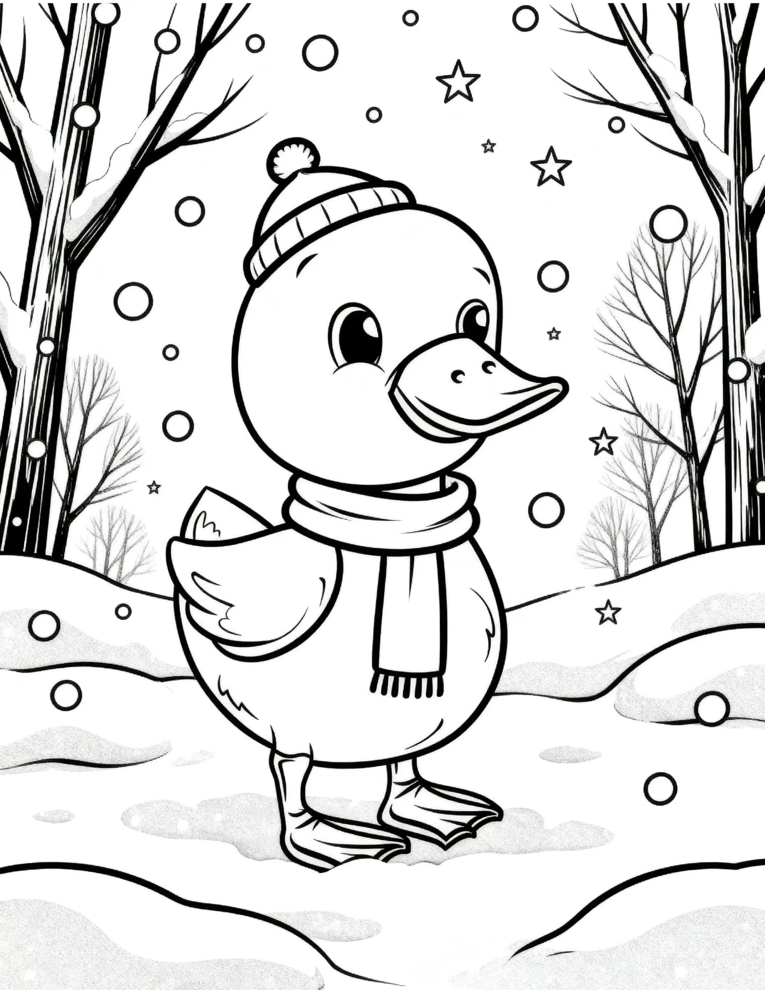 duck in snow wearing scarf with trees and snowflakes coloring page outline