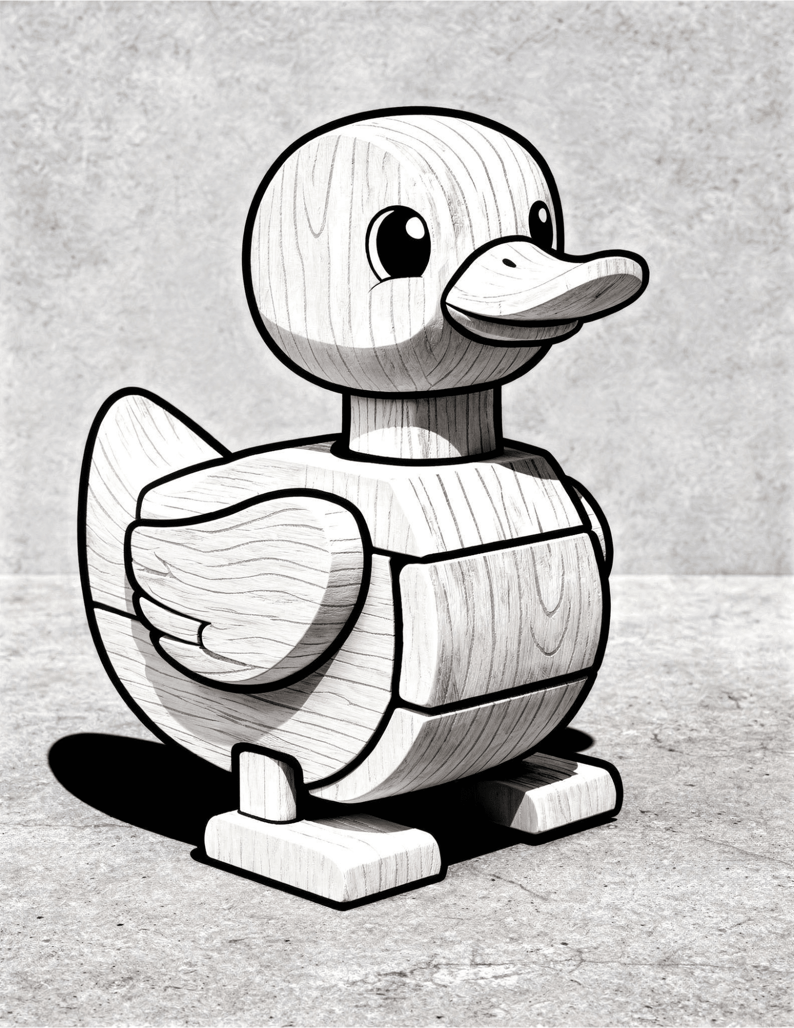 wooden toy duck on bridge over stream with rocks and water coloring page outline
