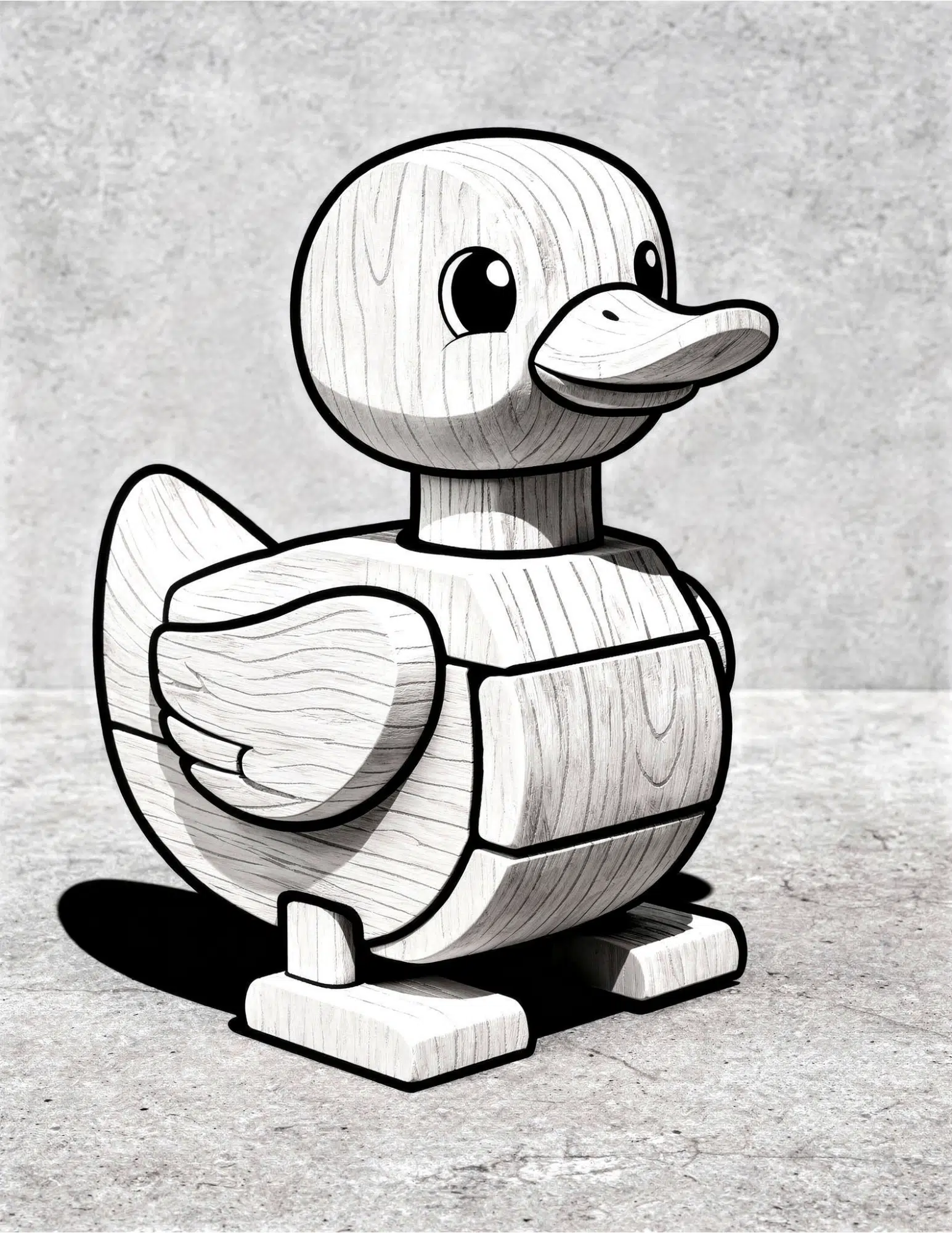 wooden toy duck on bridge over stream with rocks and water coloring page outline