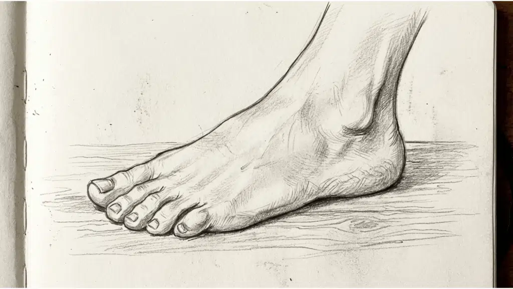 detailed and easy pencil drawing of a foot on a paper showing toes arch and heel on the floor