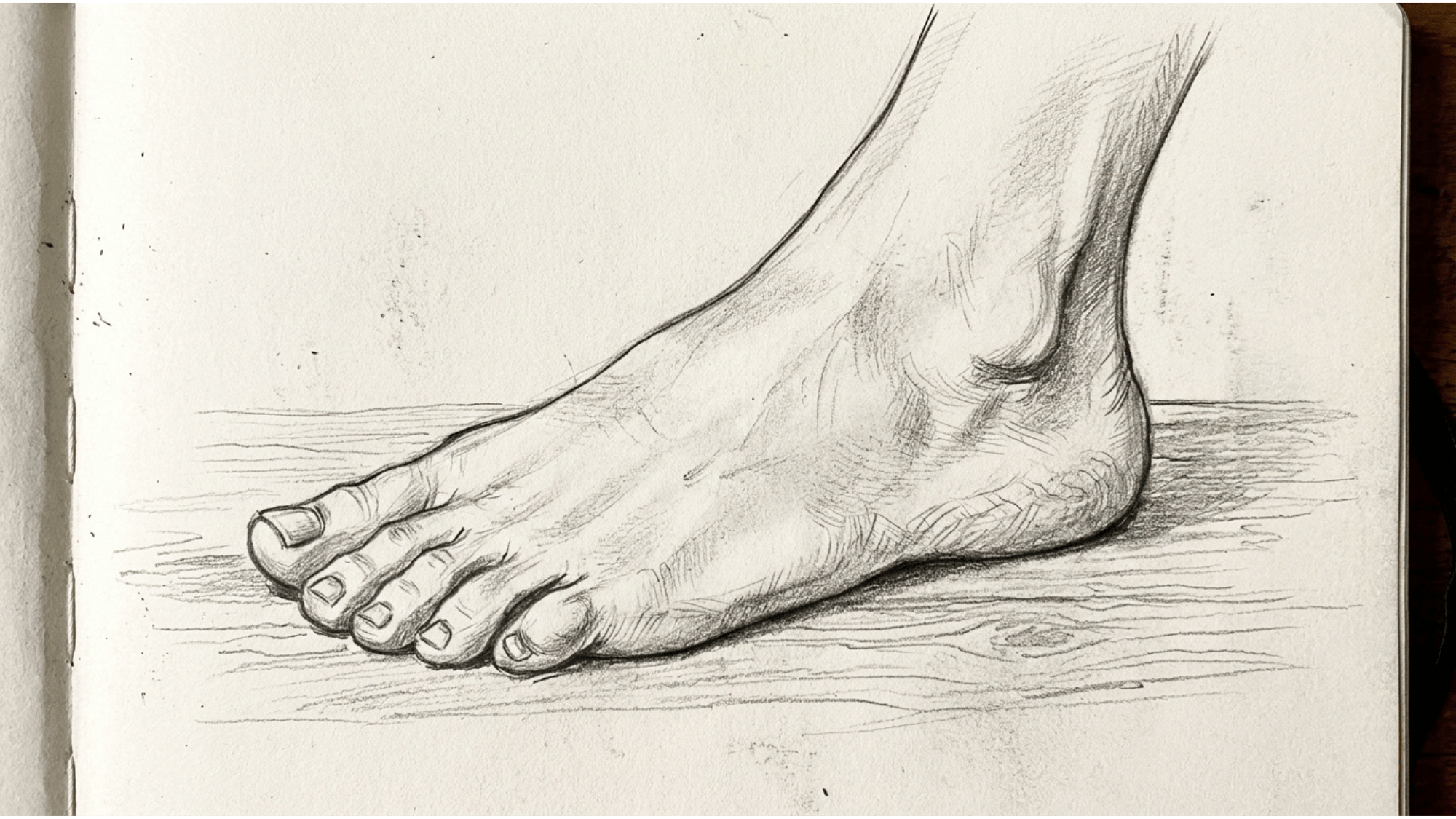 detailed and easy pencil drawing of a foot on a paper showing toes arch and heel on the floor