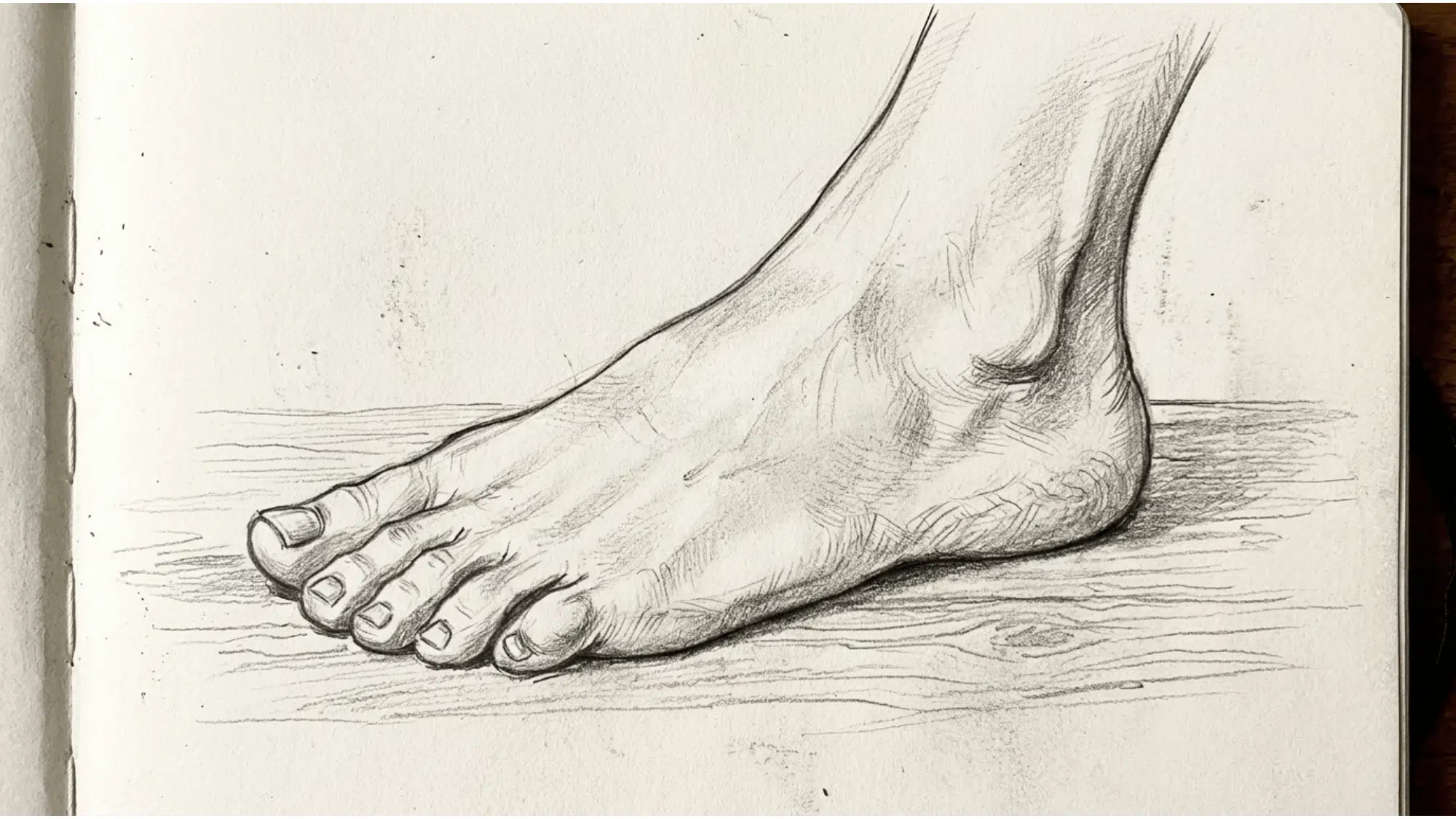 detailed and easy pencil drawing of a foot on a paper showing toes arch and heel on the floor