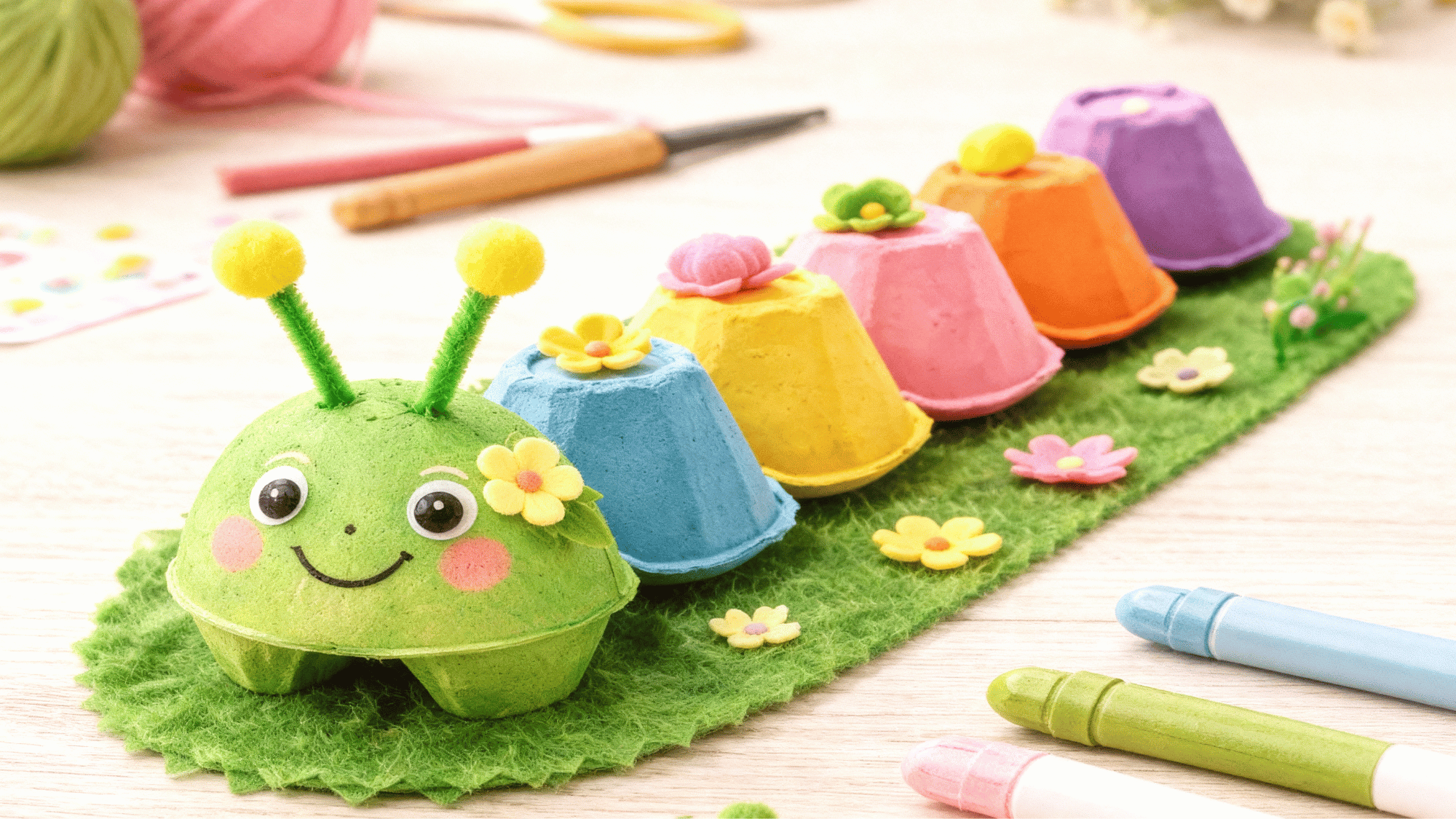 Quick egg carton caterpillar craft with paint and pipe cleaners
