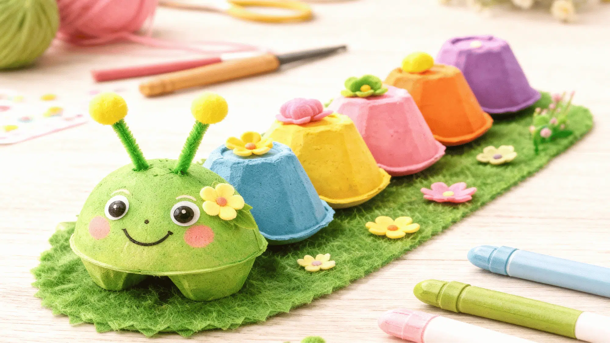 Quick egg carton caterpillar craft with paint and pipe cleaners