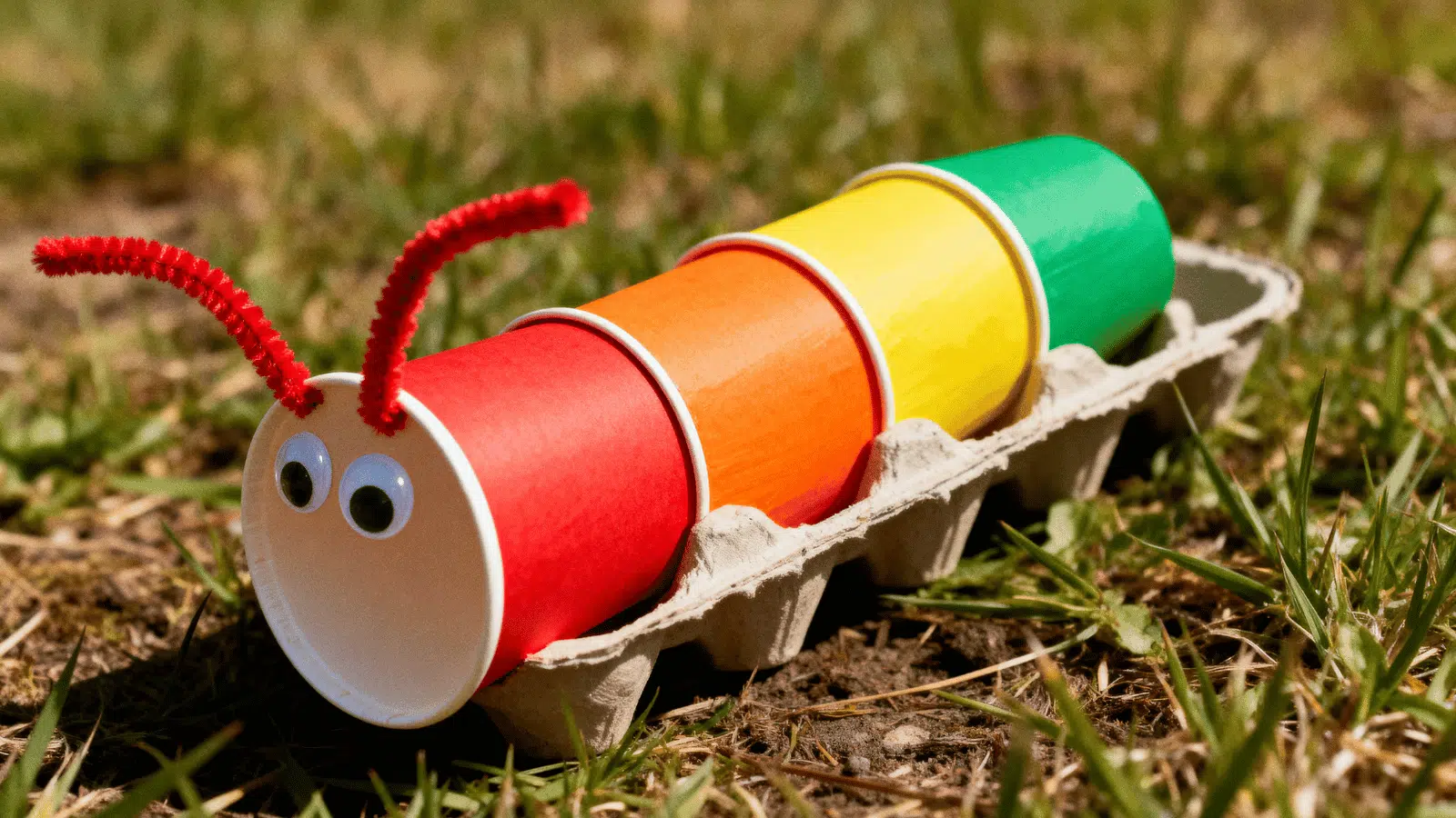 a rainbow colored egg carton caterpillar craft with googly eyes made by kids, a fun simple craft for ages 6 to 12