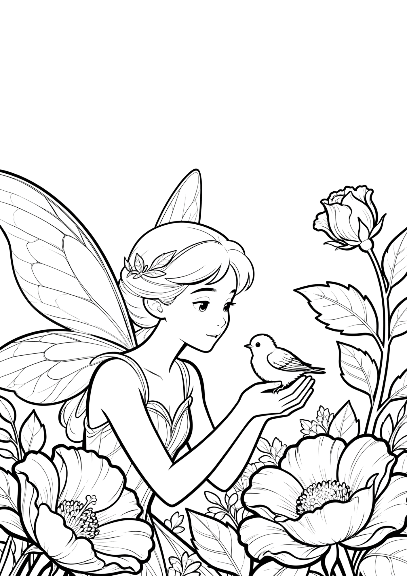 fairy and baby bird coloring page with flowers and gentle woodland scene in bold outline coloring book line art