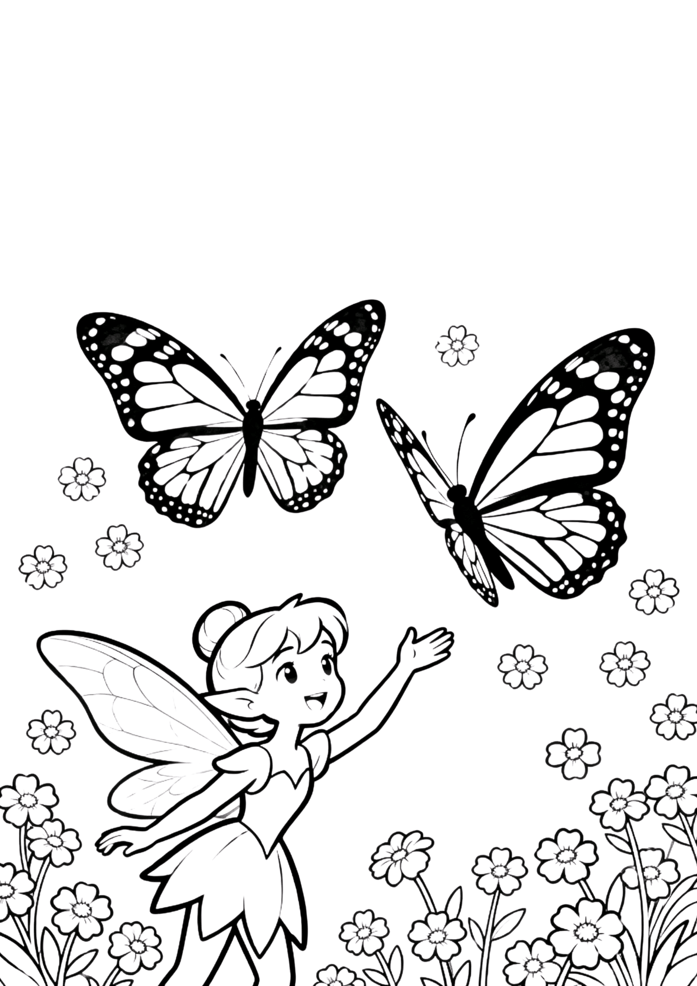 fairy and butterfly coloring page with a smiling fairy reaching toward butterflies in bold outline coloring book style