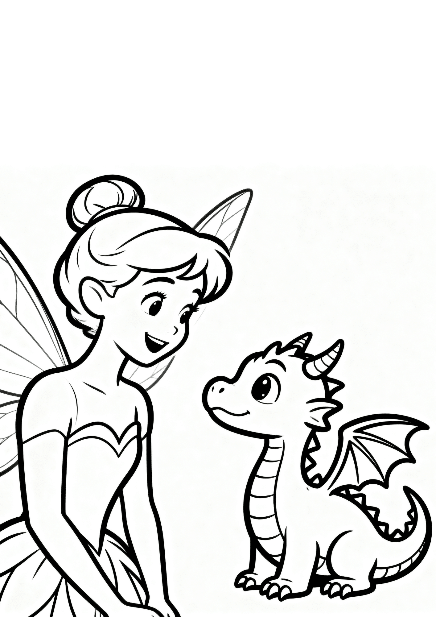 fairy and dragon coloring page with a friendly baby dragon and fairy in bold outline coloring book line art