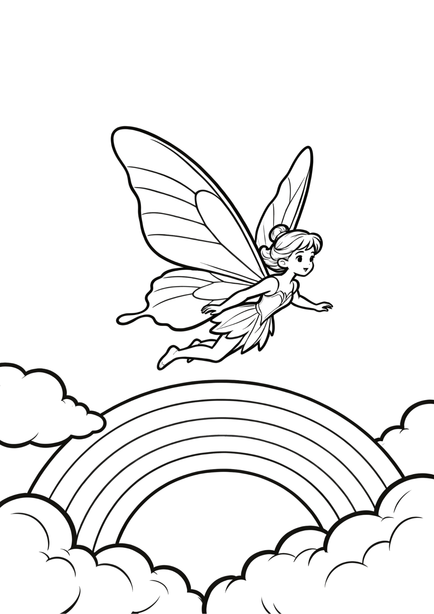 fairy and rainbow coloring page with clouds and a flying fairy in bold outline coloring book line art for children