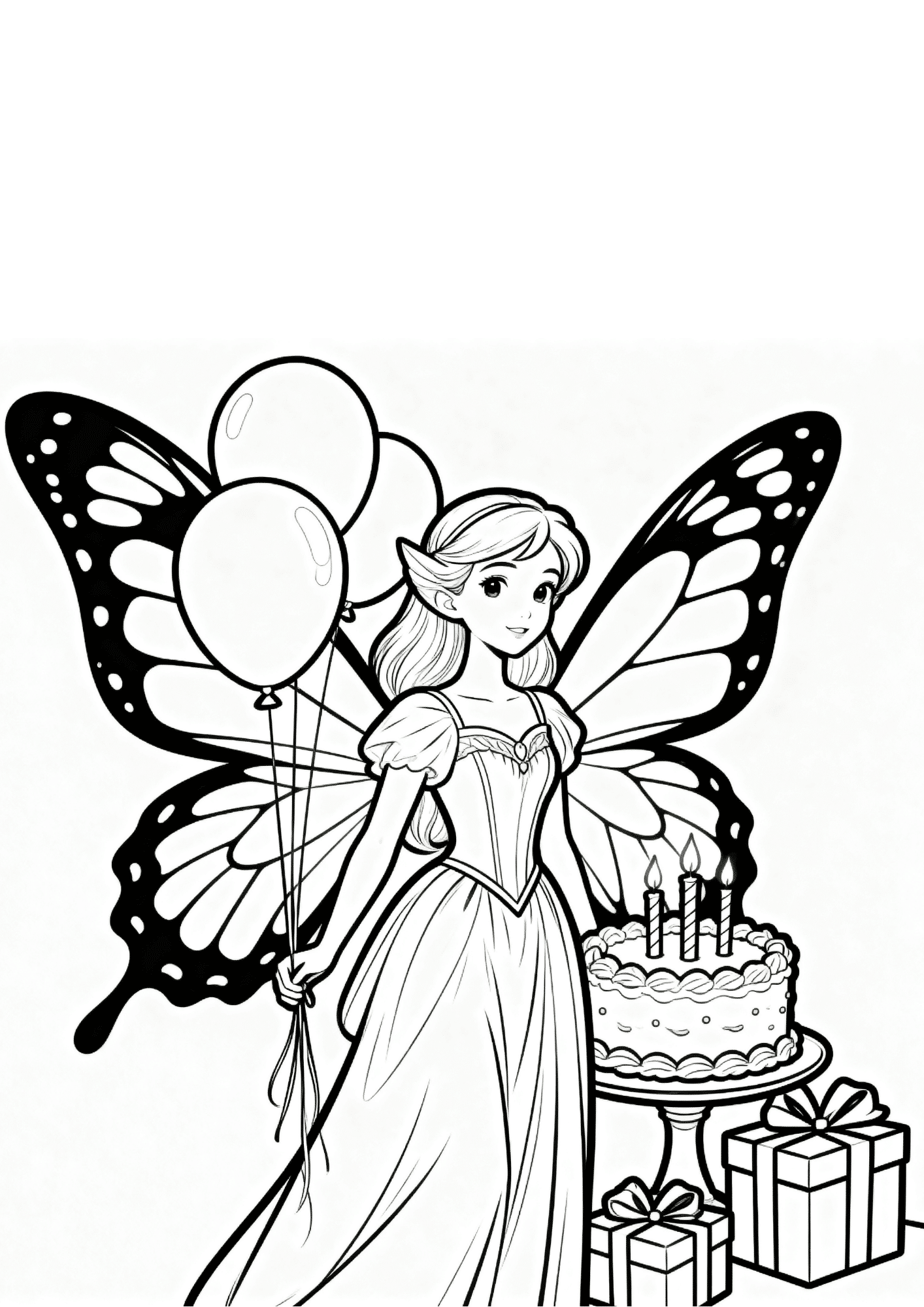 fairy birthday coloring page with balloons cake presents and wings in bold outline coloring book line art for kids