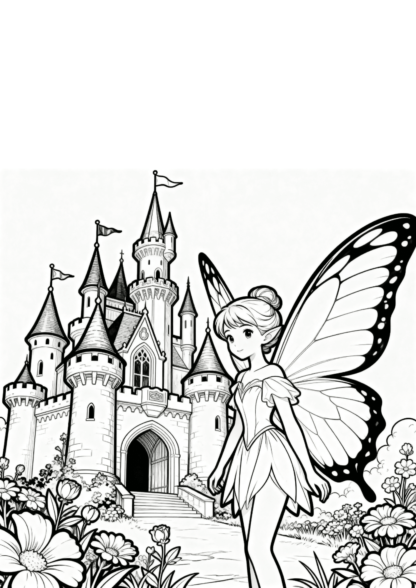 fairy castle coloring page with a fairy standing near castle towers and flowers in bold outline coloring book style