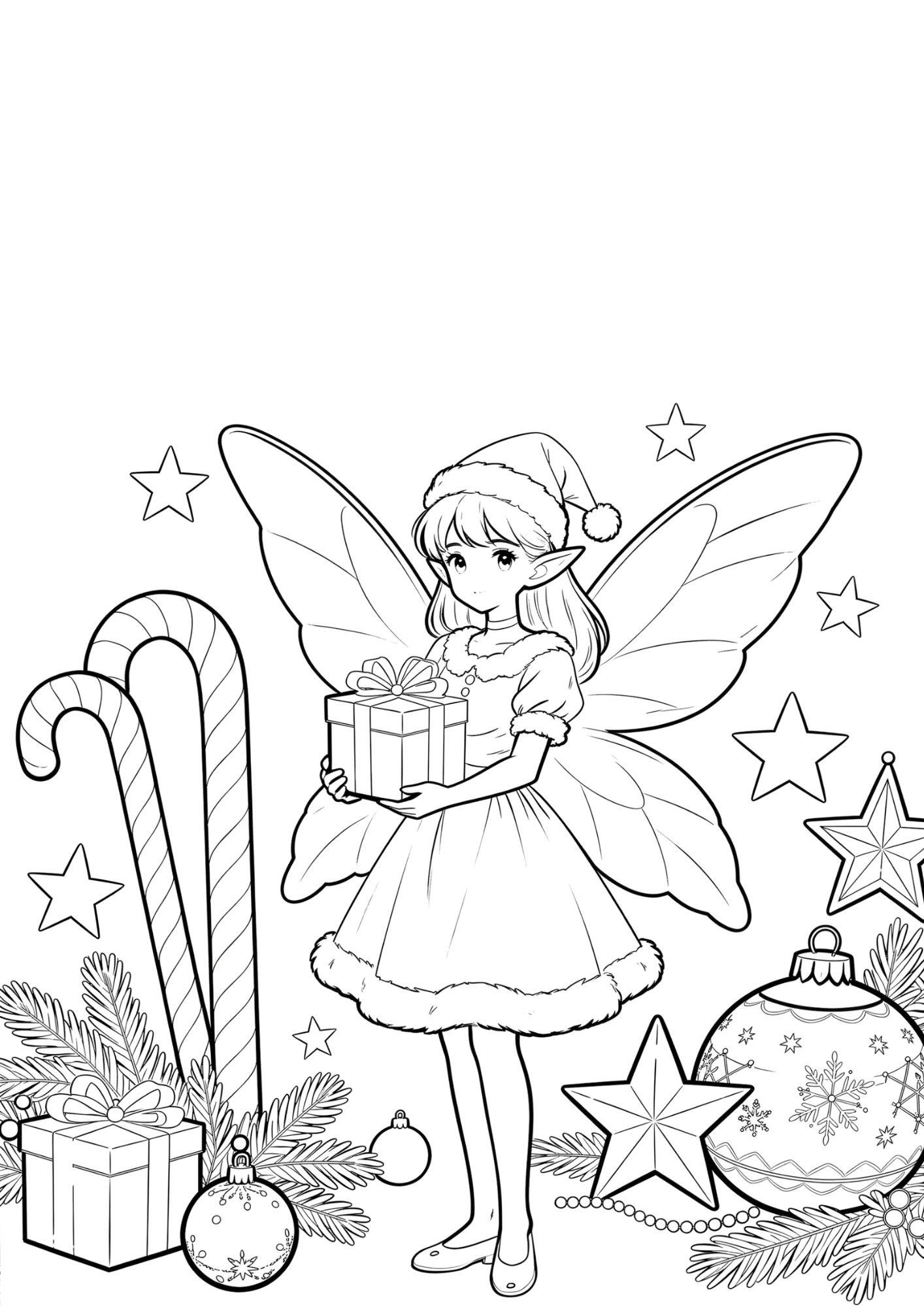 fairy christmas coloring page with gifts candy canes and wings in bold outline coloring book line art for kids