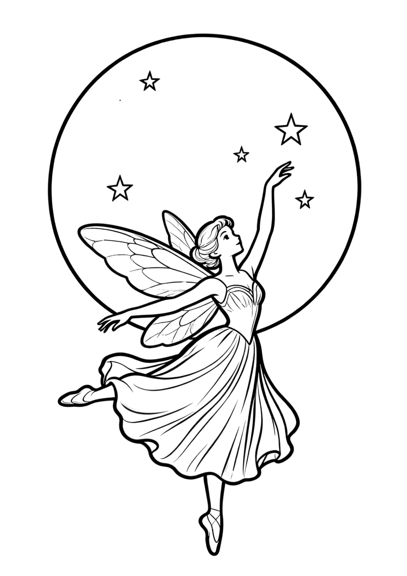 fairy dancing under the moon coloring page with stars and flowing wings in bold outline line art for coloring fun