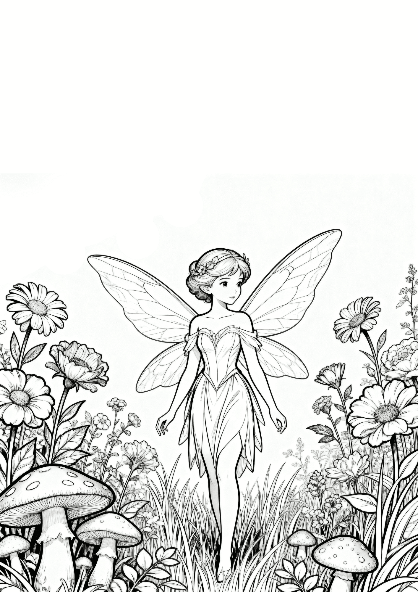 fairy garden coloring page with flowers mushrooms and a fairy in bold outline coloring book line art for kids