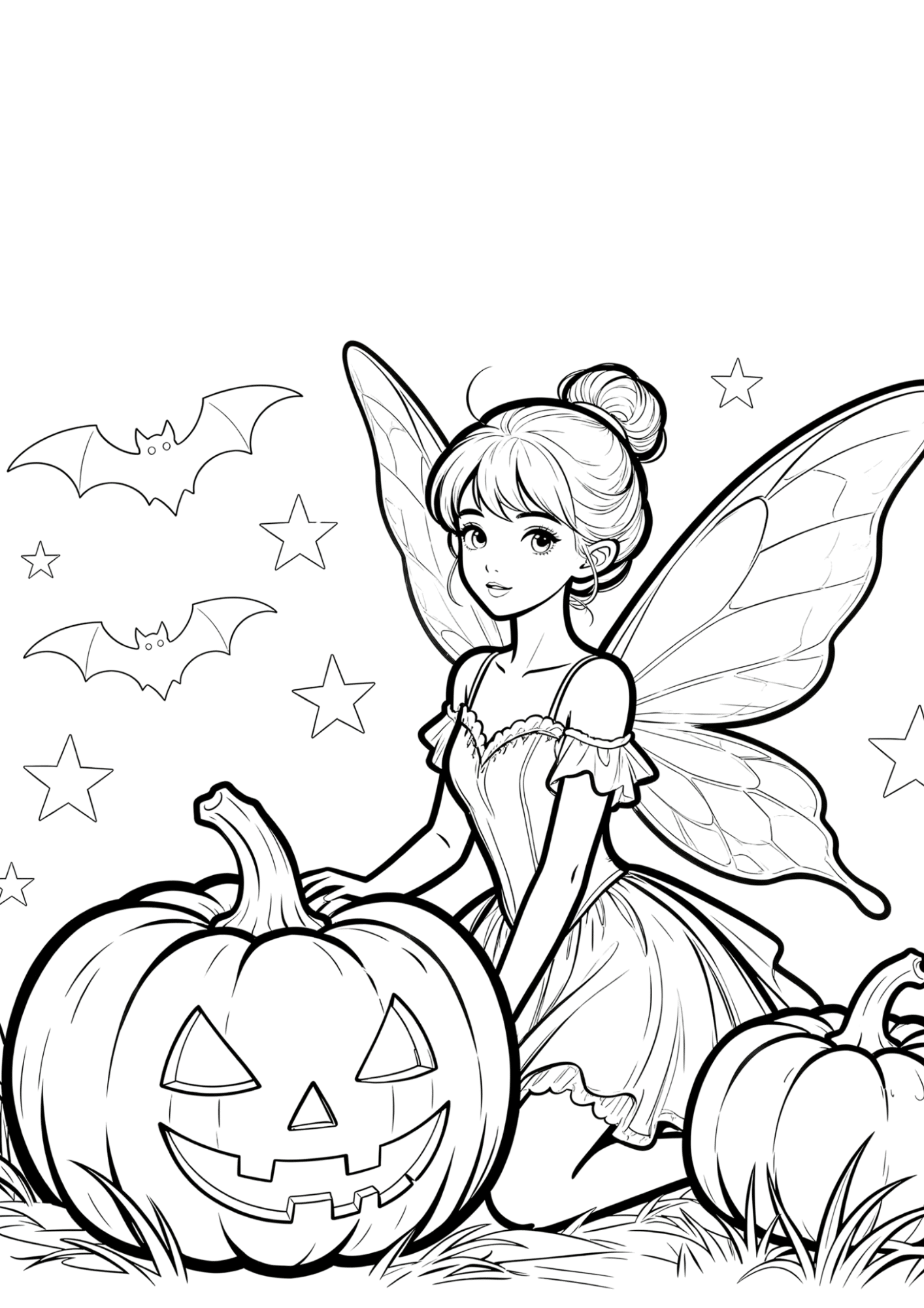 fairy halloween coloring page with pumpkins bats and fairy in bold outline coloring book line art for kids fun