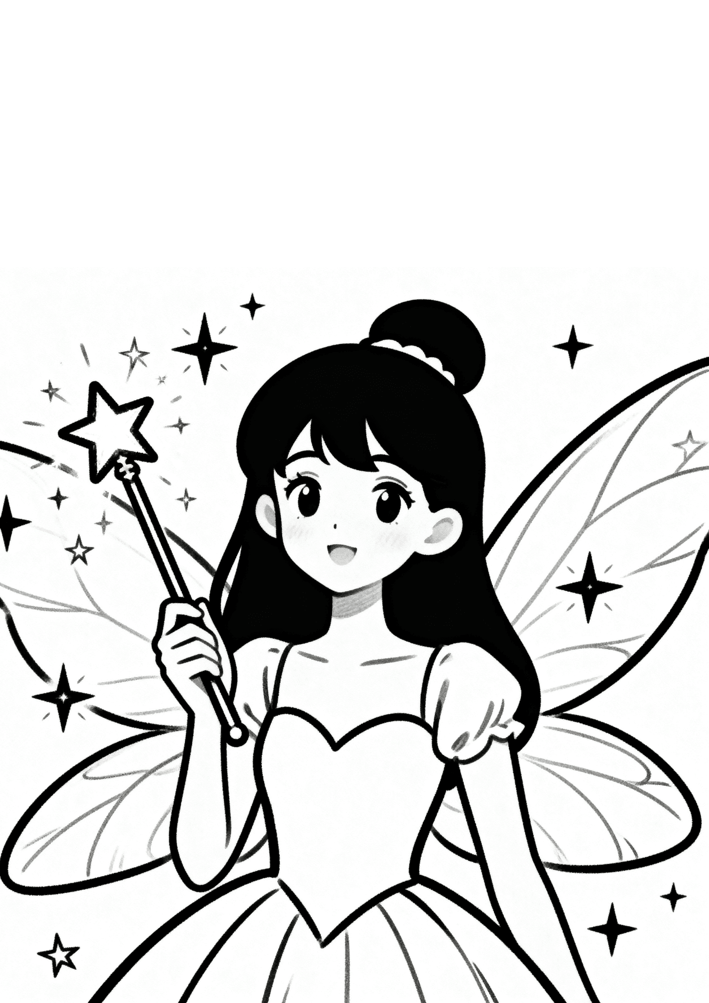 fairy holding a magic wand coloring page with stars and wings in bold outline coloring book line art for kids