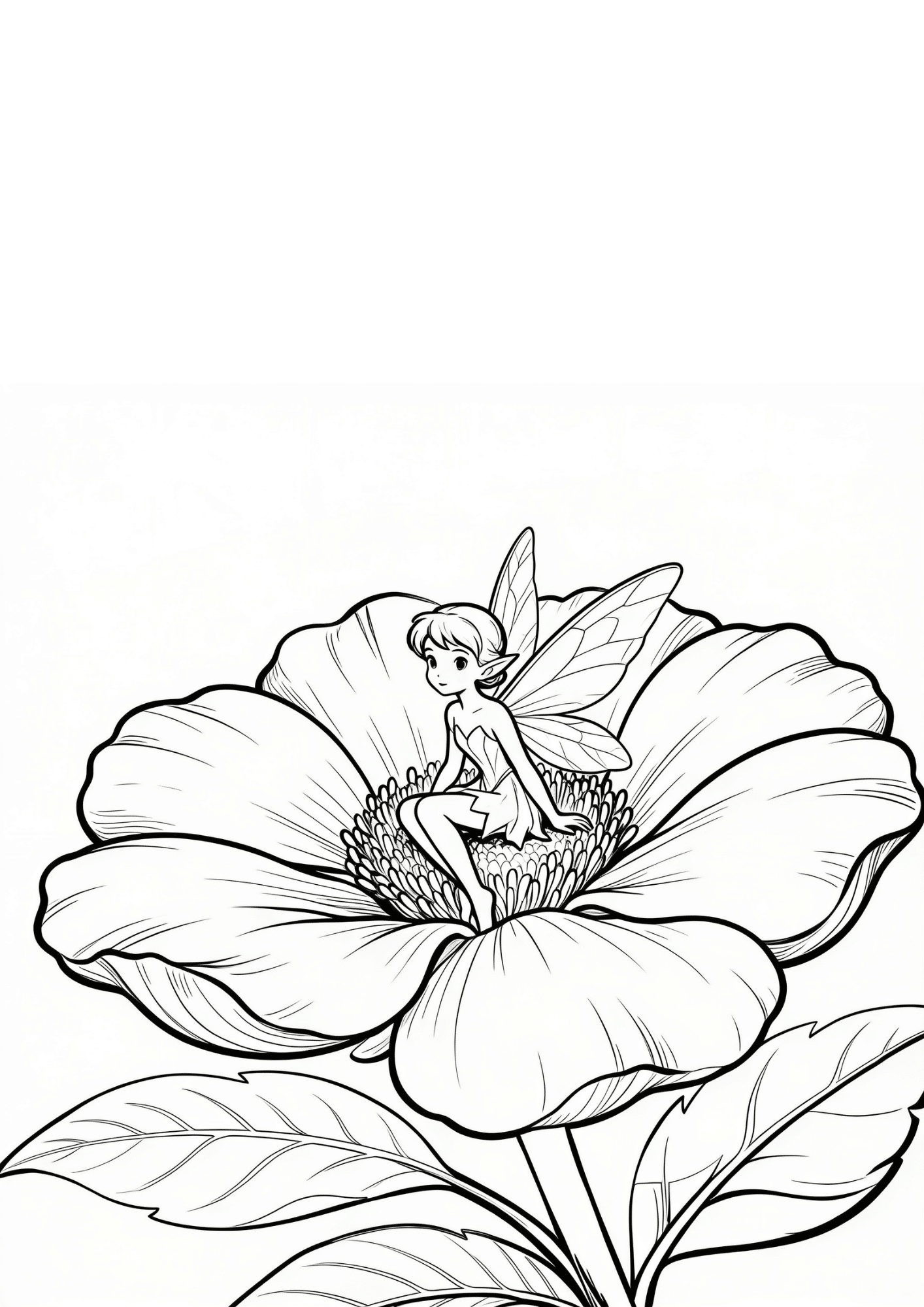 fairy in a flower coloring page with a tiny fairy inside a blooming flower in bold outline coloring book line art